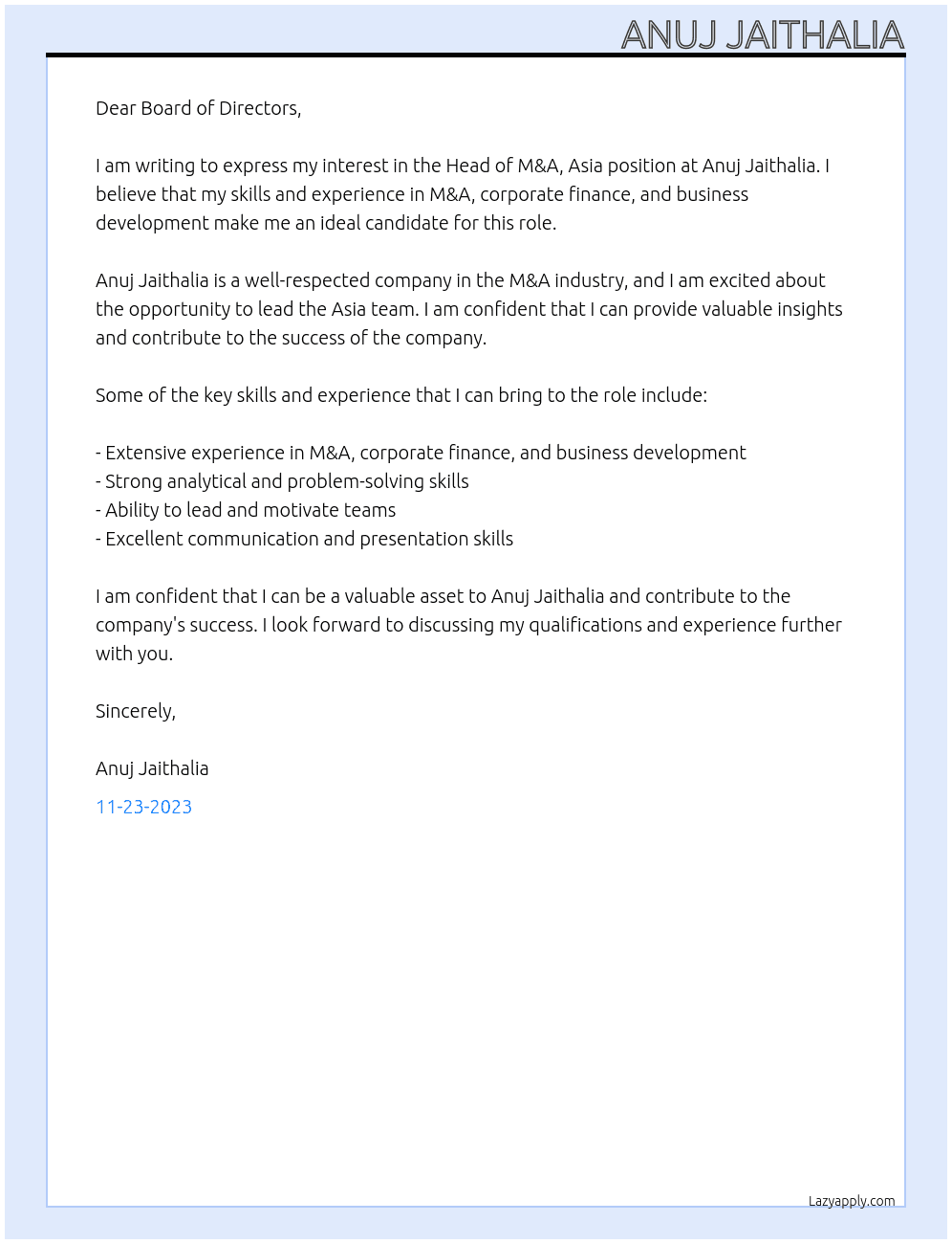 Head of M&A, Asia At Anuj Jaithalia Cover Letter