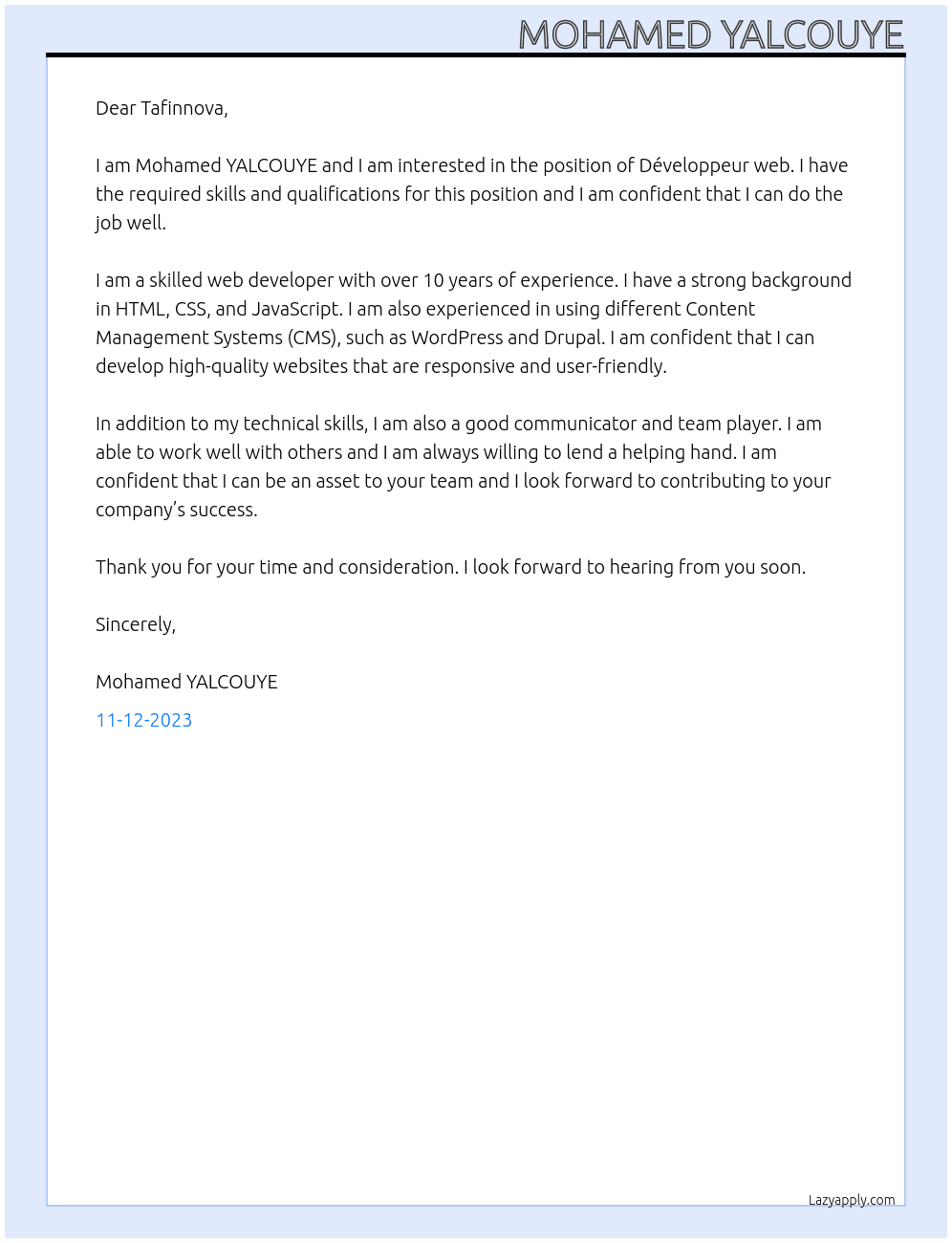 Développeur web At Tafinnova Cover Letter