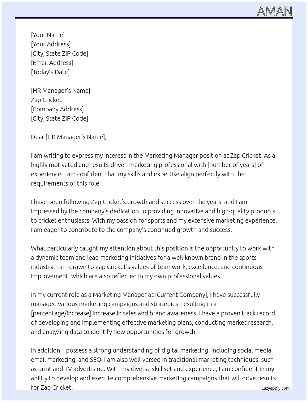 Marketing Manager At Zap Cricket Cover Letter