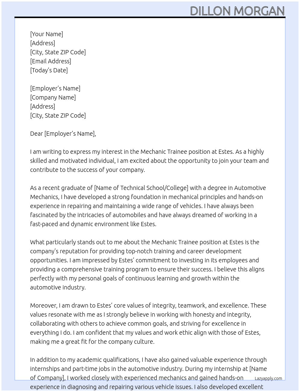 Mechanic trainee At Estes Cover Letter