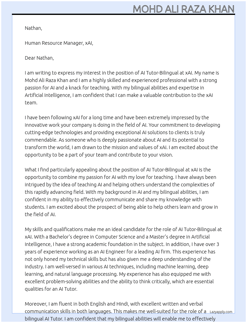 AI Tutor-BIlingual At xAI Cover Letter