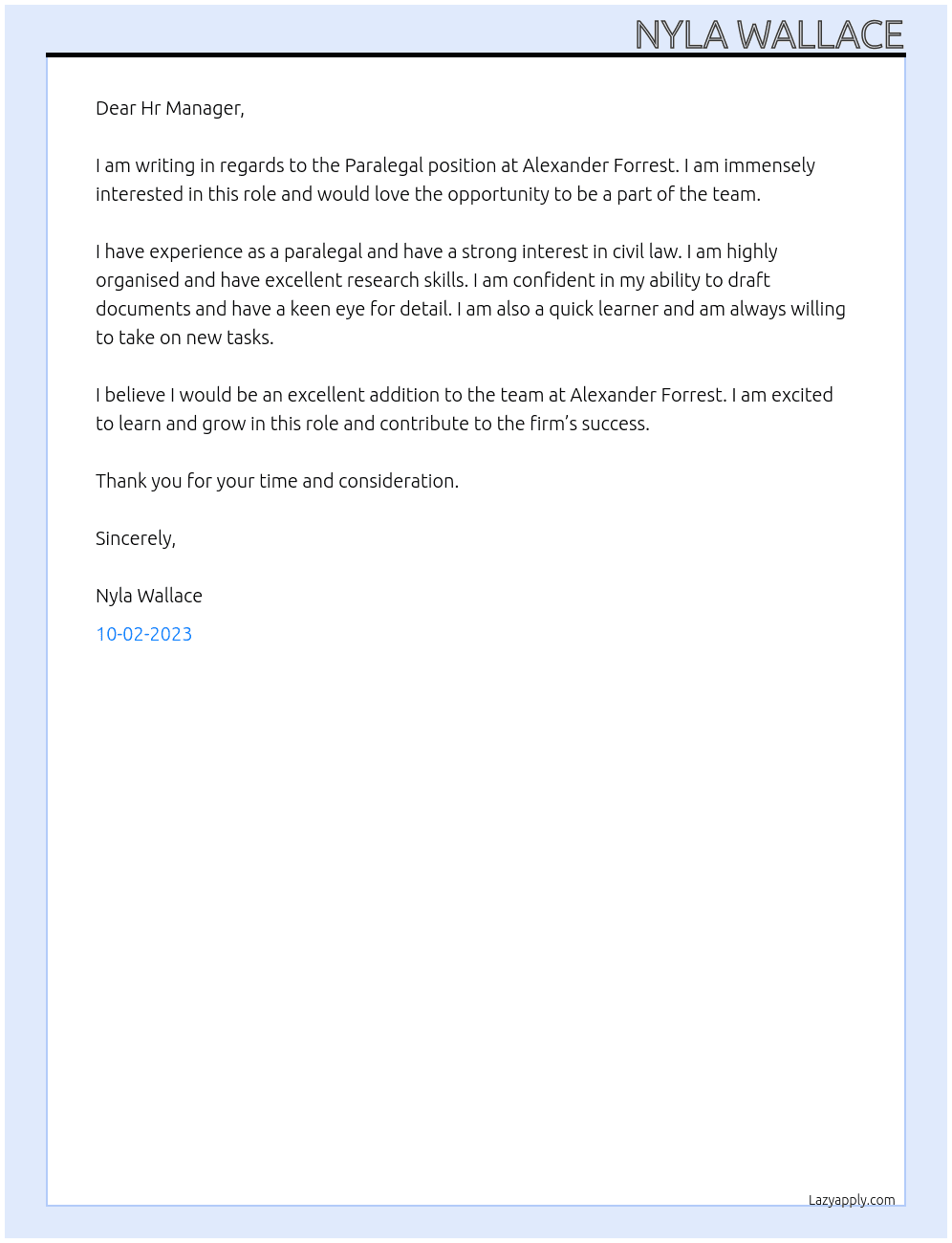 Paralegal At Alexander Forrest Cover Letter