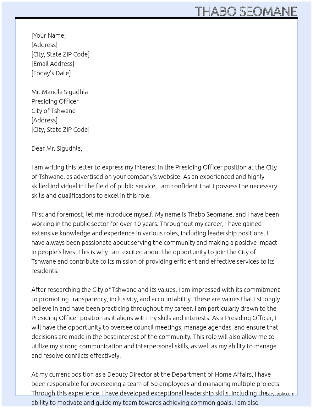 Presiding officer At City of Tshwane Cover Letter