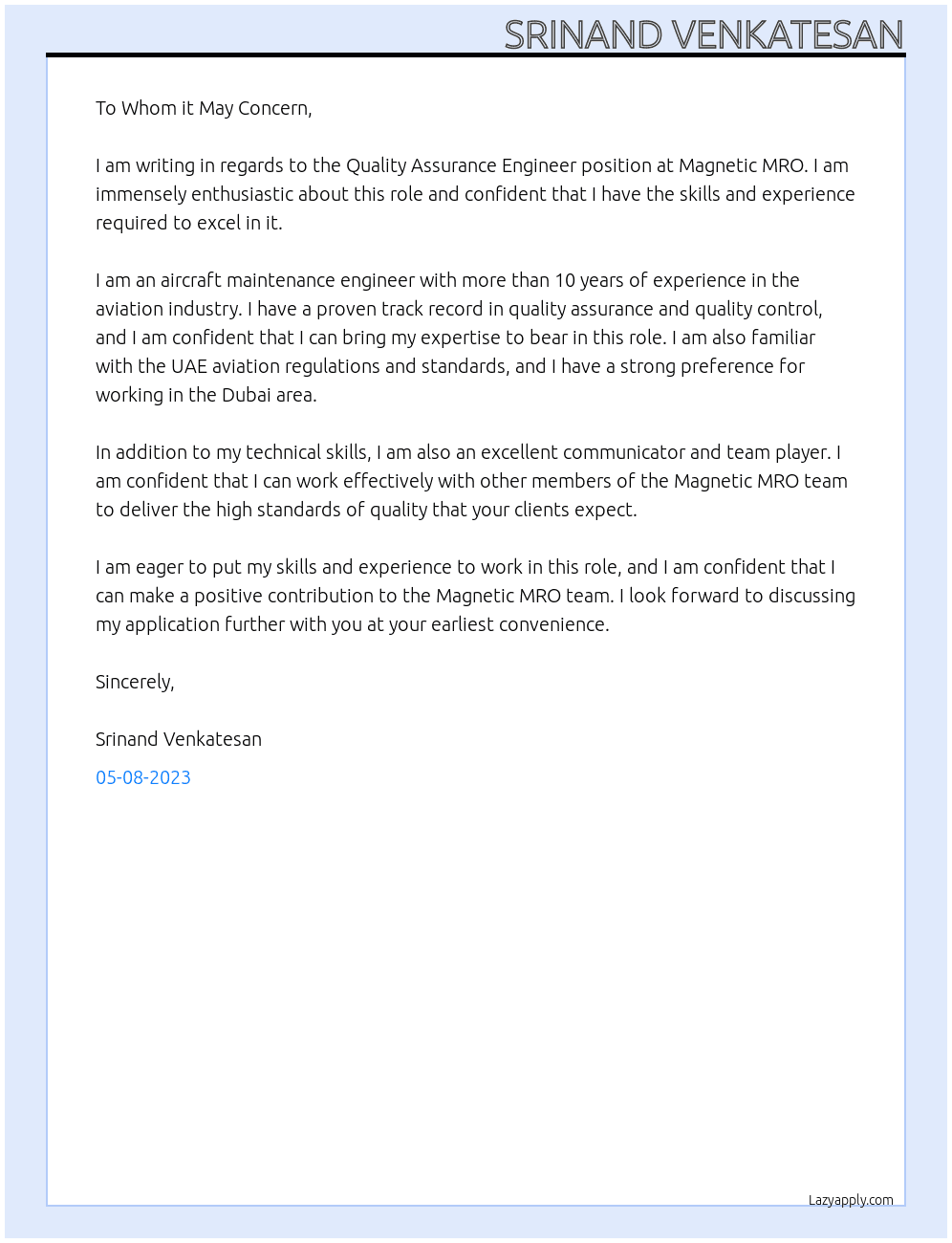 quality assurance engineer At magnetic mro Cover Letter