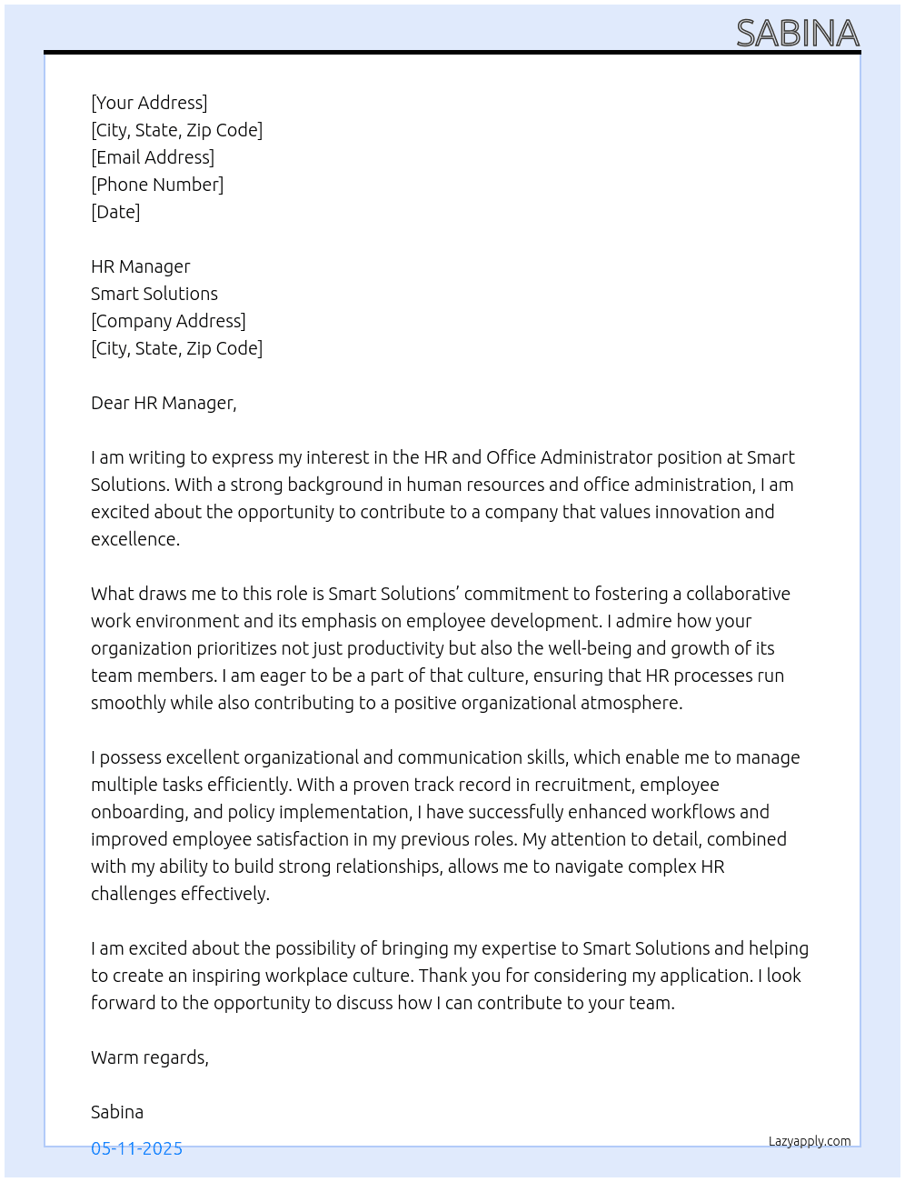 Cover letter for hr and office admistrator - LazyApply