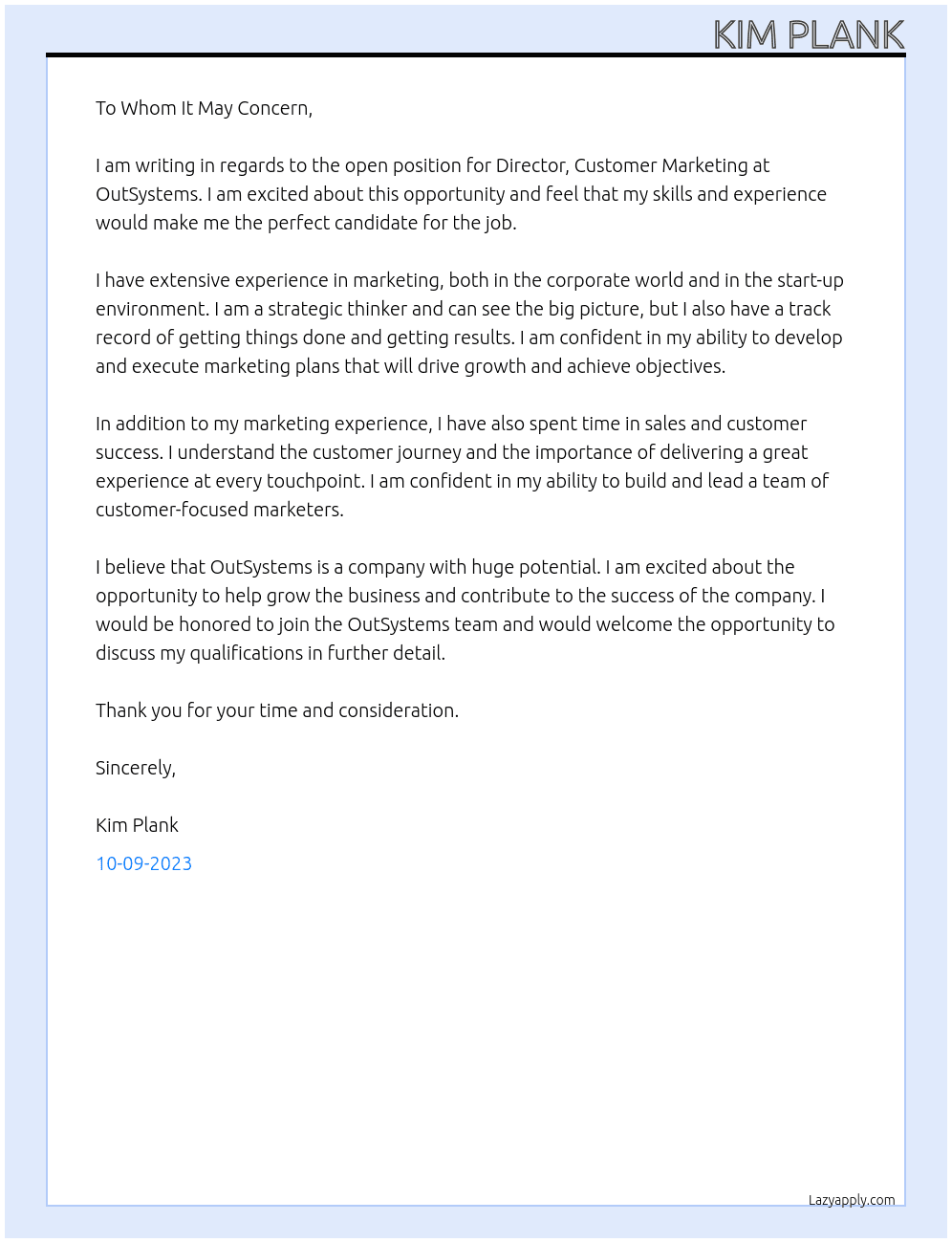 Director, Customer Marketing At OutSystems Cover Letter