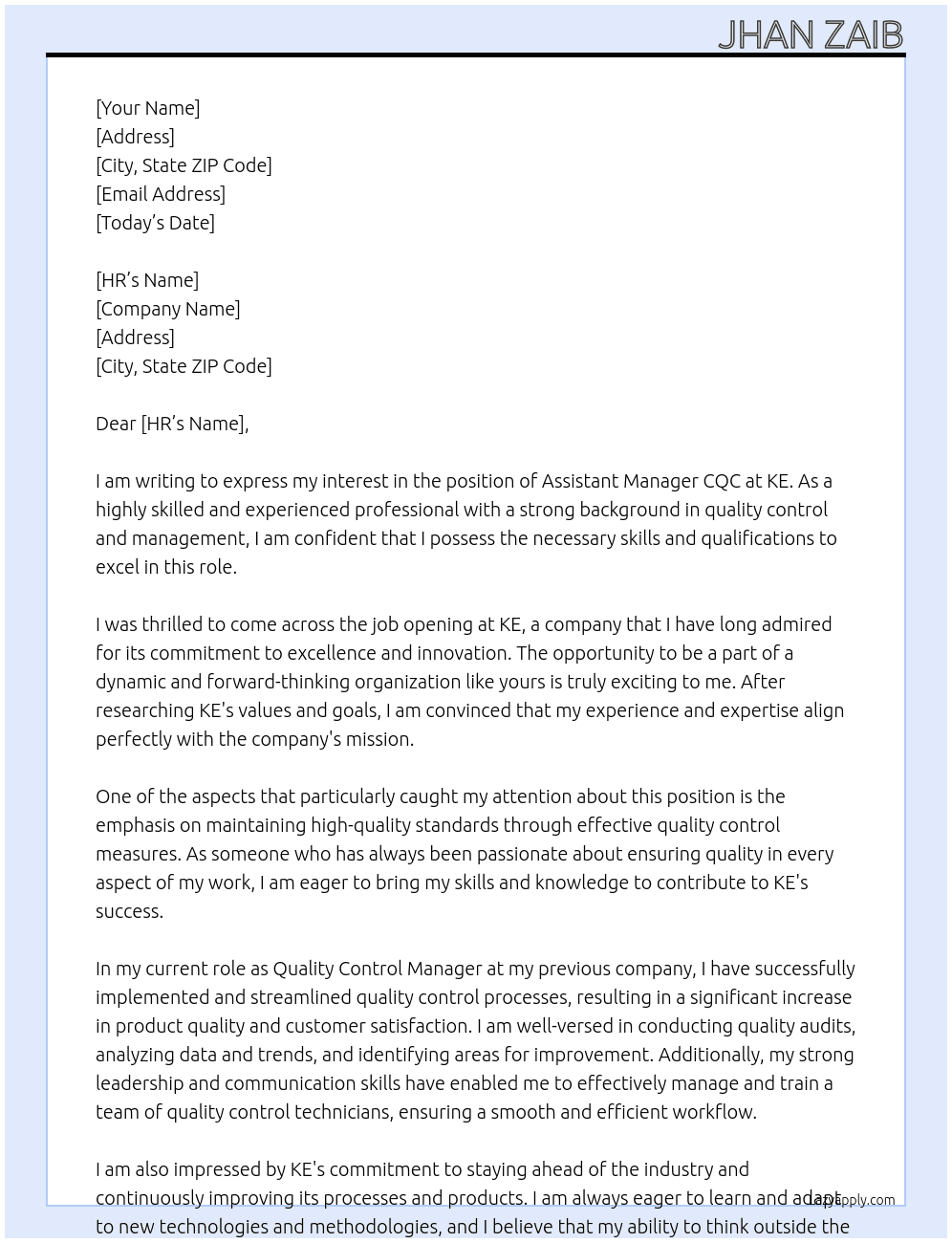 Assistant Manager CQC At KE Cover Letter