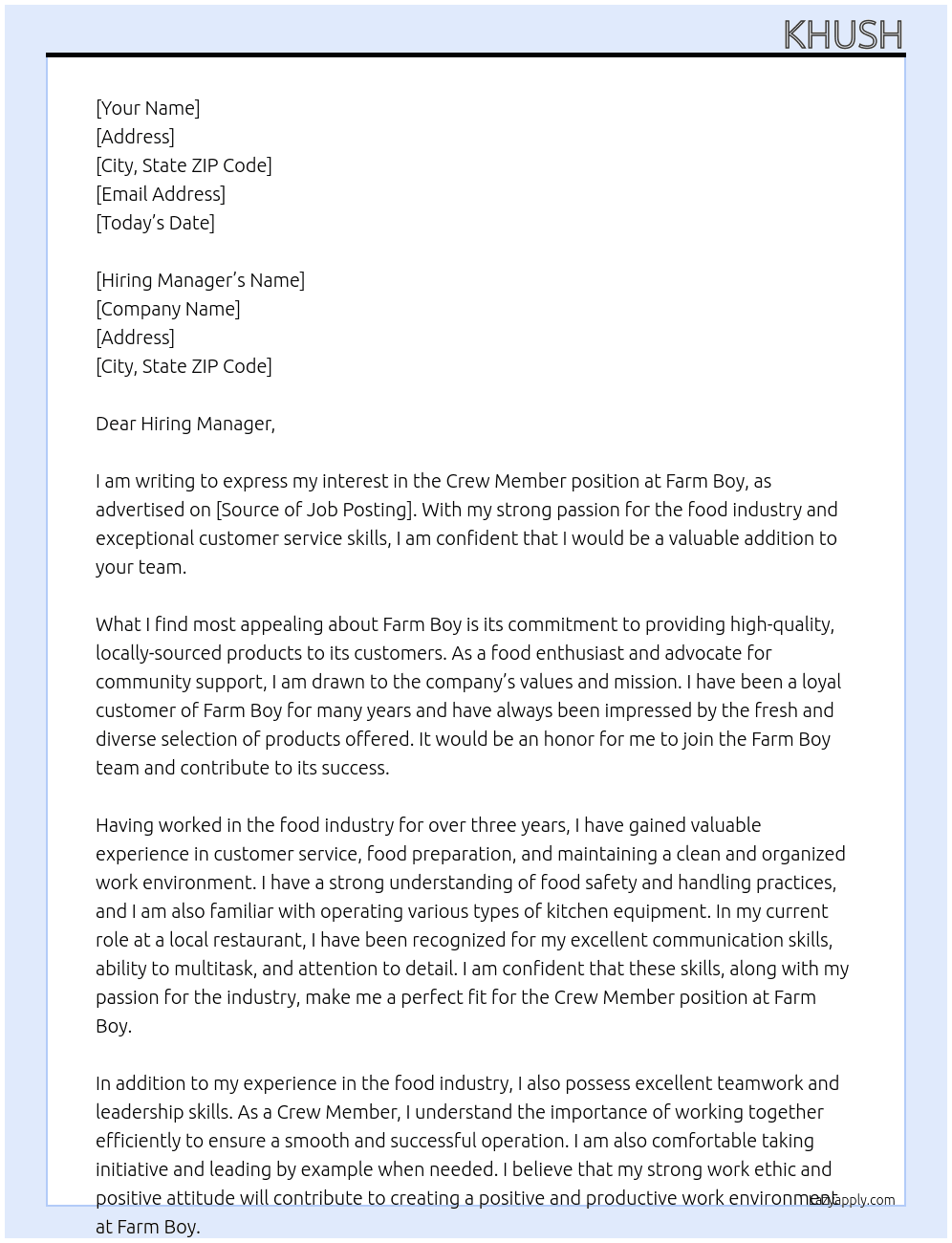 Crew Member At Farm Boy Cover Letter