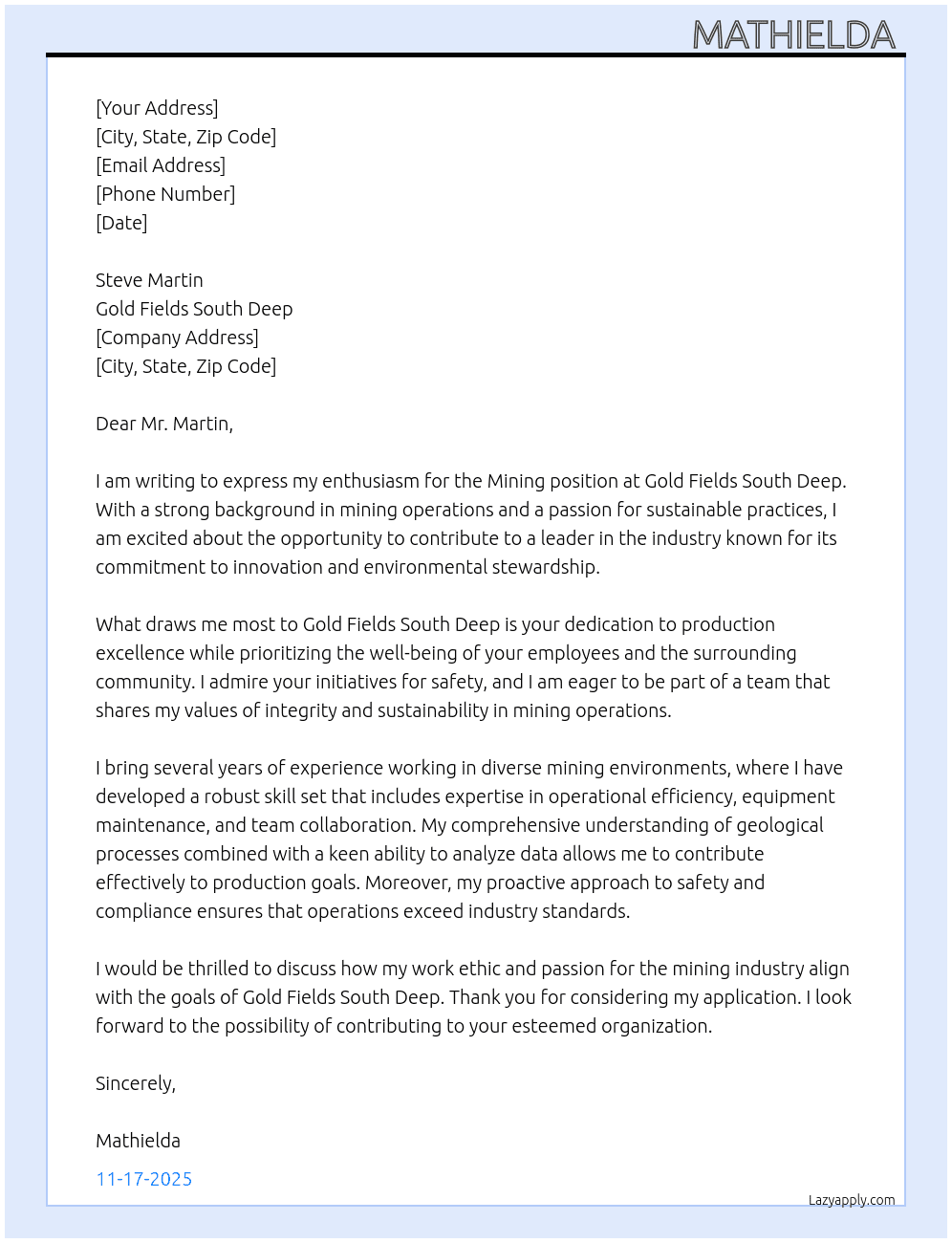 mining At gold fields south deep Cover Letter