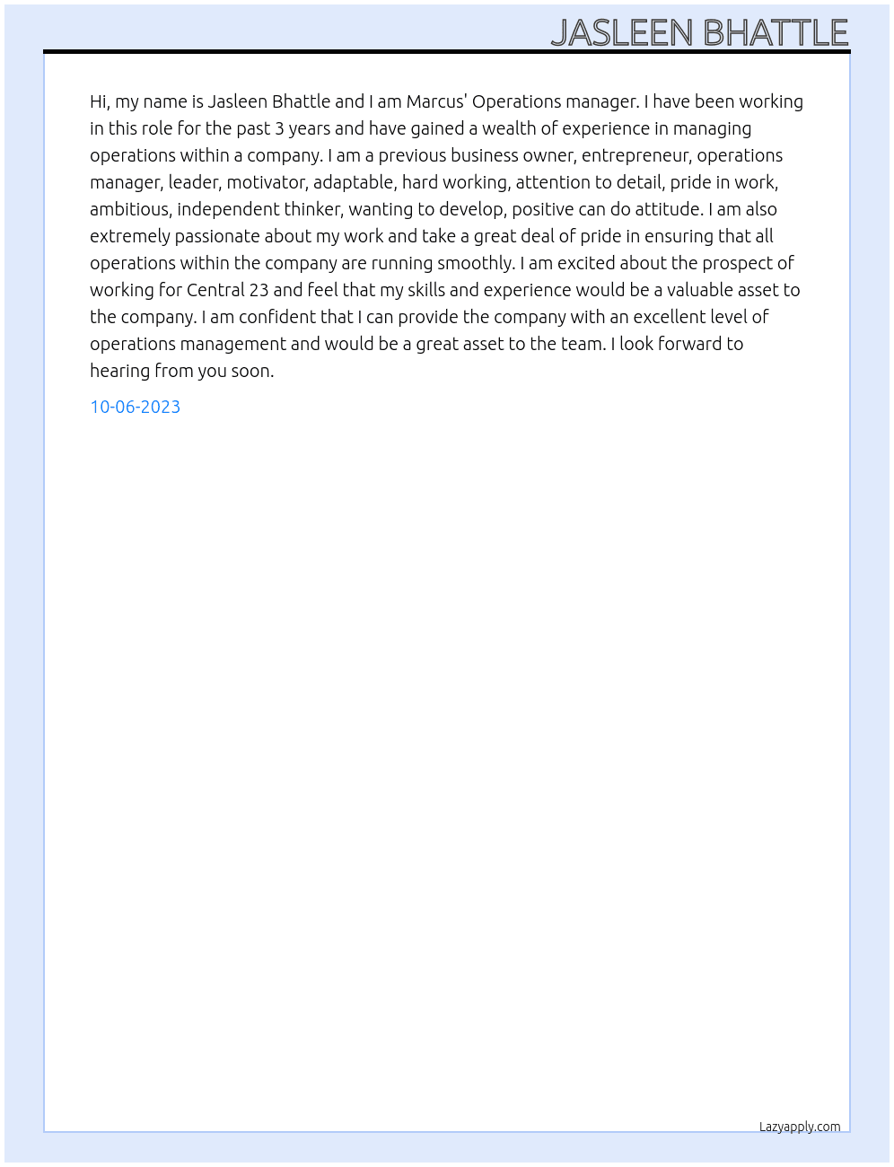 Operations manager At Central 23 Cover Letter