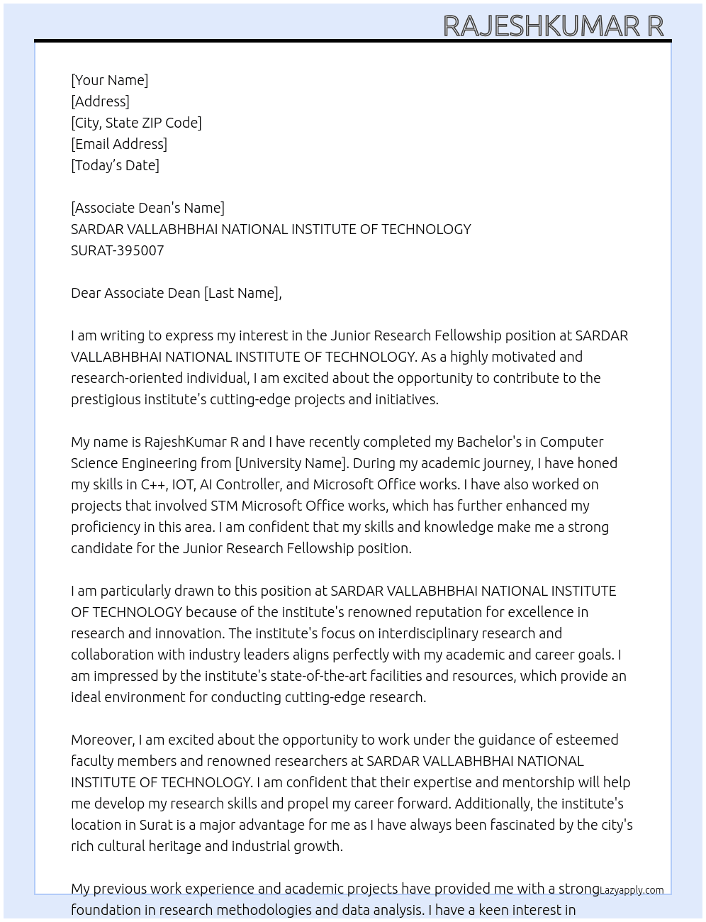 Junior Research fellowship  At SARDAR VALLABHBHAI NATIONAL INSTITUTE OF TECHNOLOGY  SURAT-395007 Cover Letter