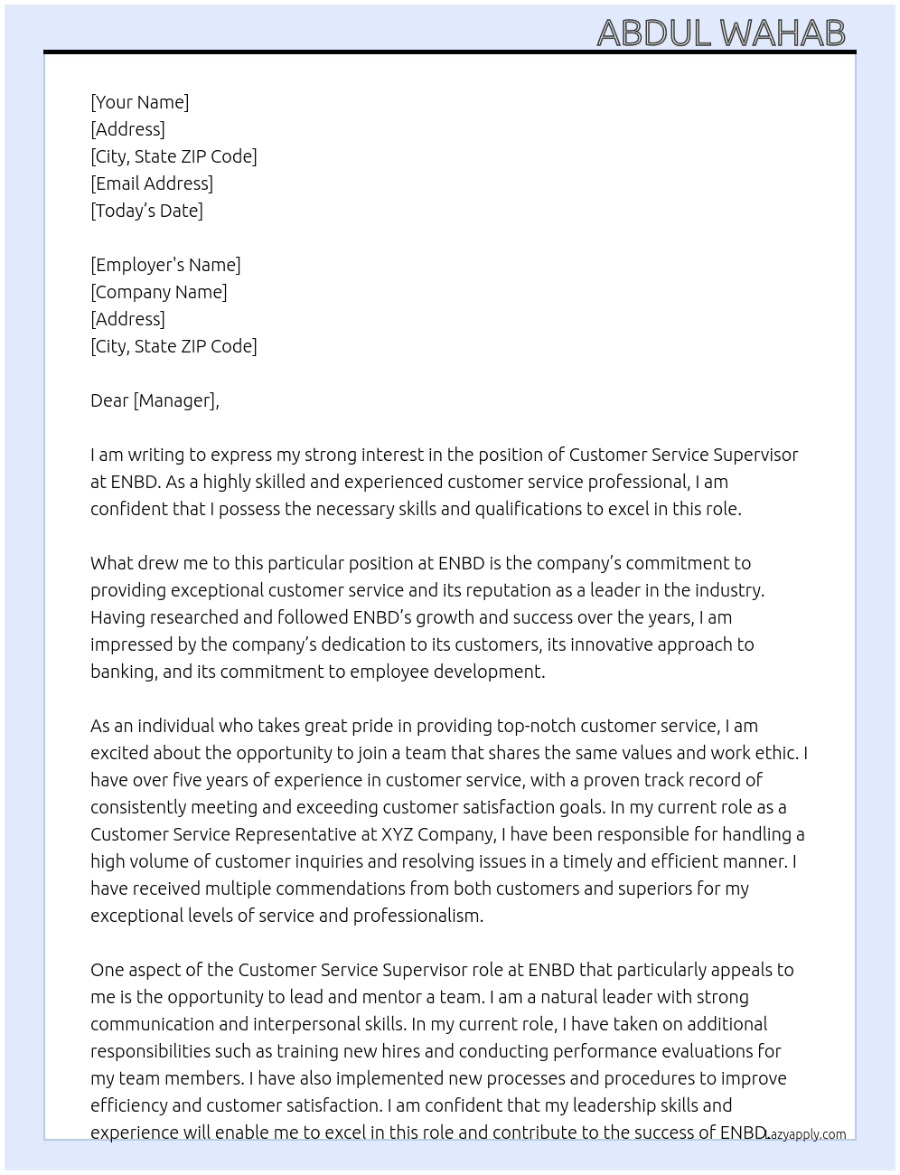 Customer Service Supervisor At ENBD Cover Letter