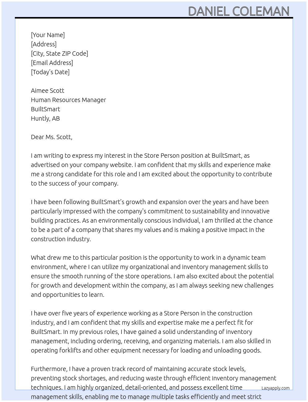 Store person  At BuiltSmart, Huntly  Cover Letter