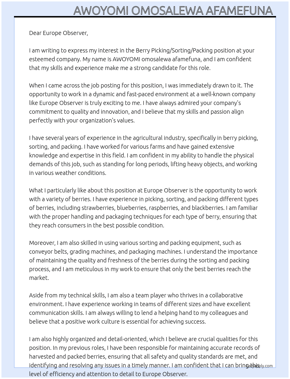 Berry picking/sorting/packing  At Europe observer Cover Letter