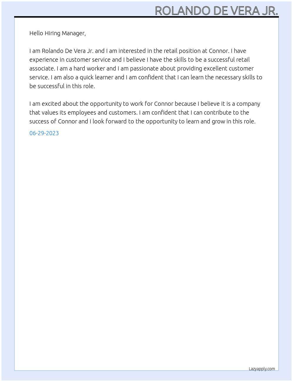 Retail  At Connor Cover Letter
