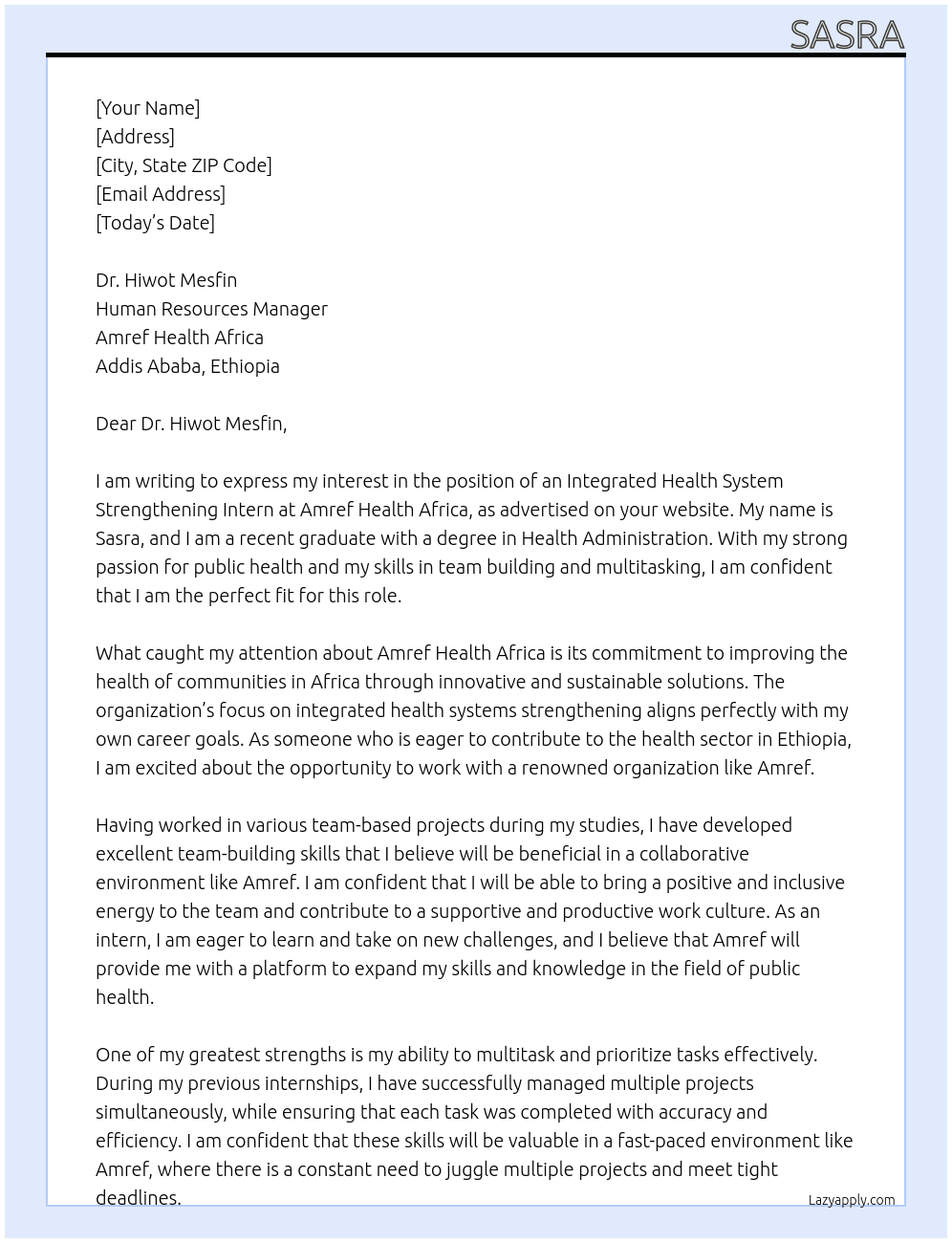integrated health system strengthening intern At amref Cover Letter