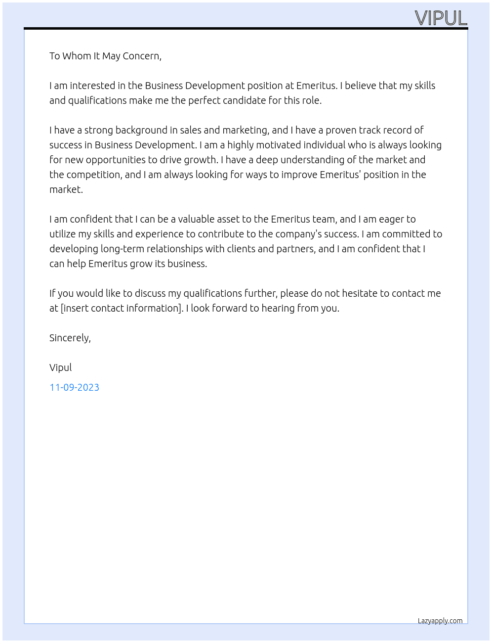 Business Development  At Emeritus  Cover Letter