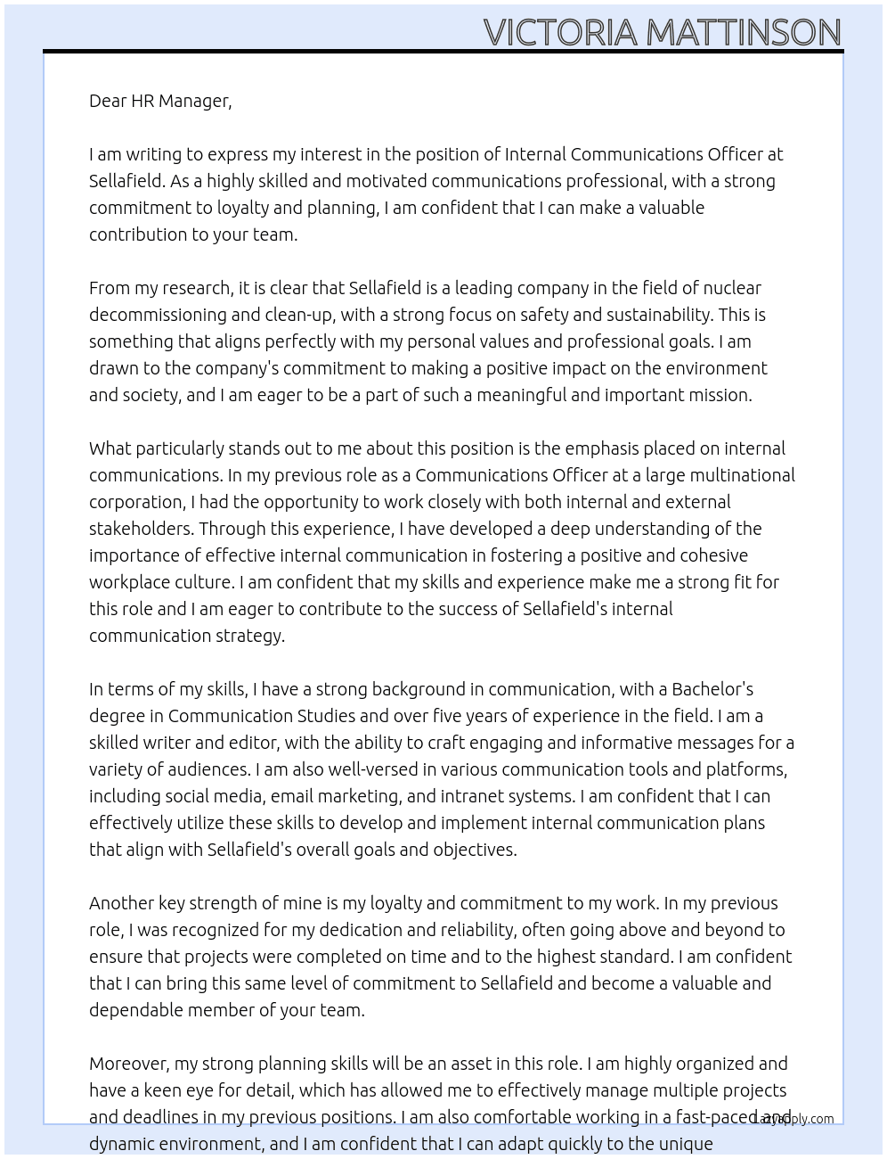 Internal Communications officer At Sellafield Cover Letter