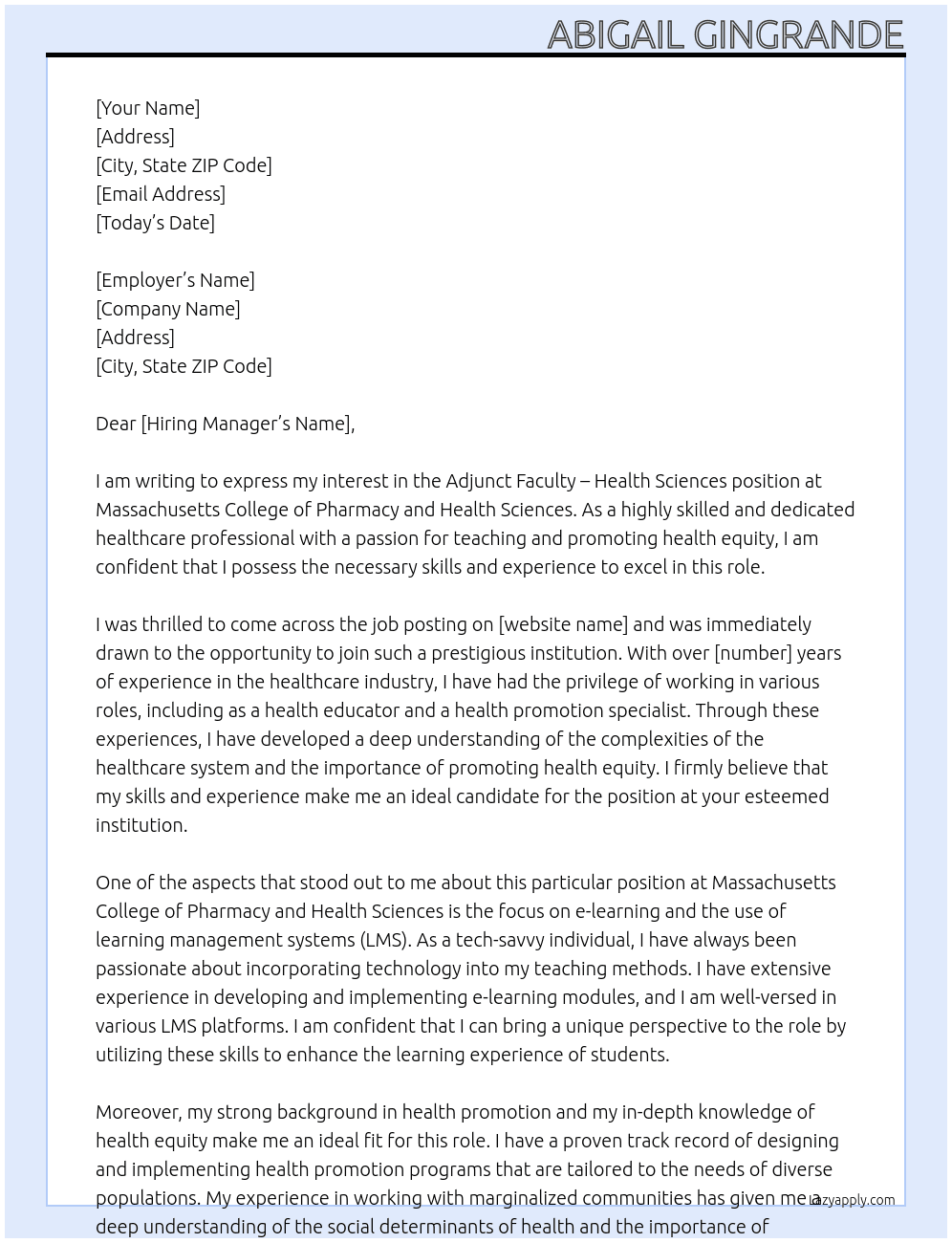 Adjunct Faculty – Health Sciences At Massachusetts College of Pharmacy and Health Sciences Cover Letter