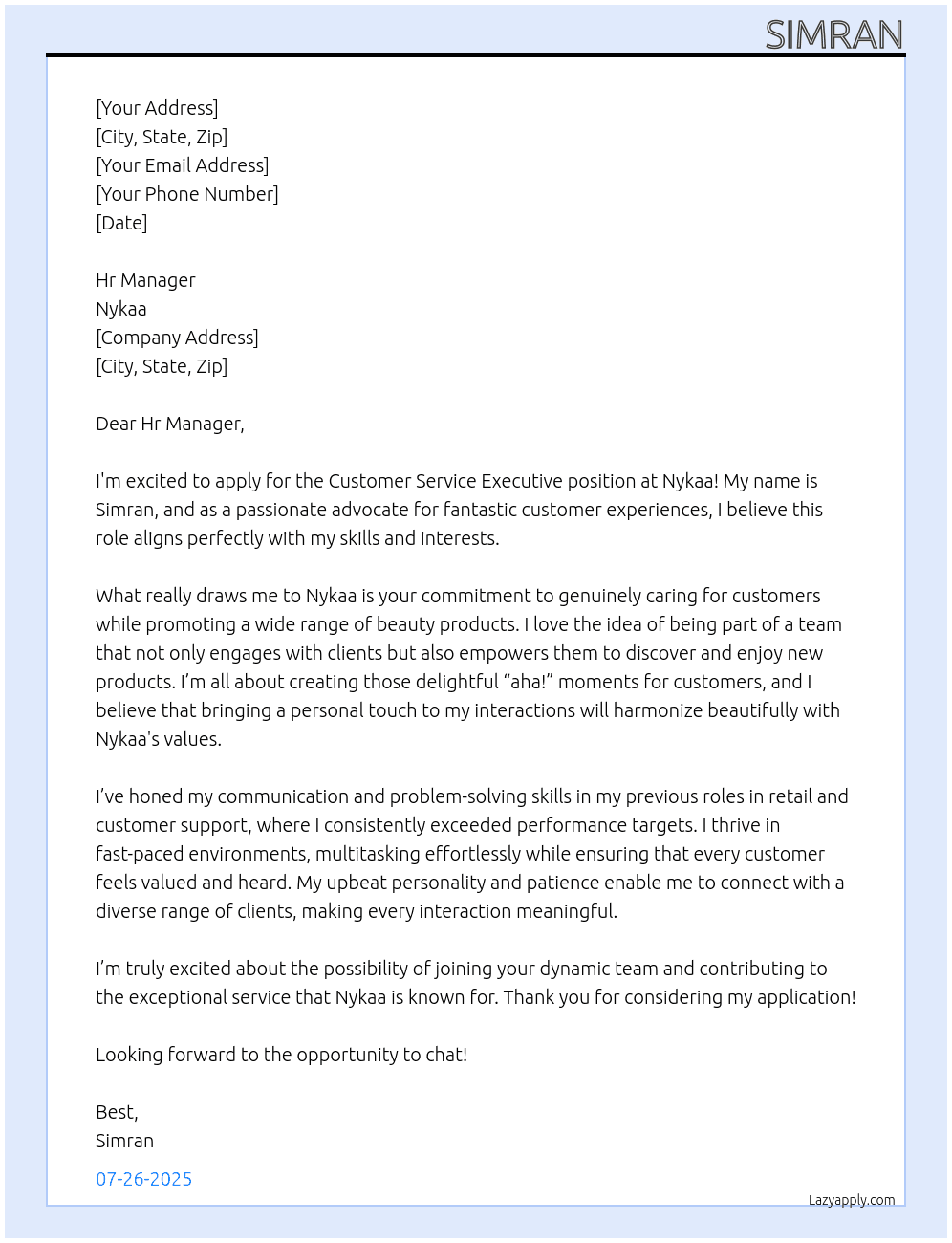 Customer service Executive  At Nykaa Cover Letter