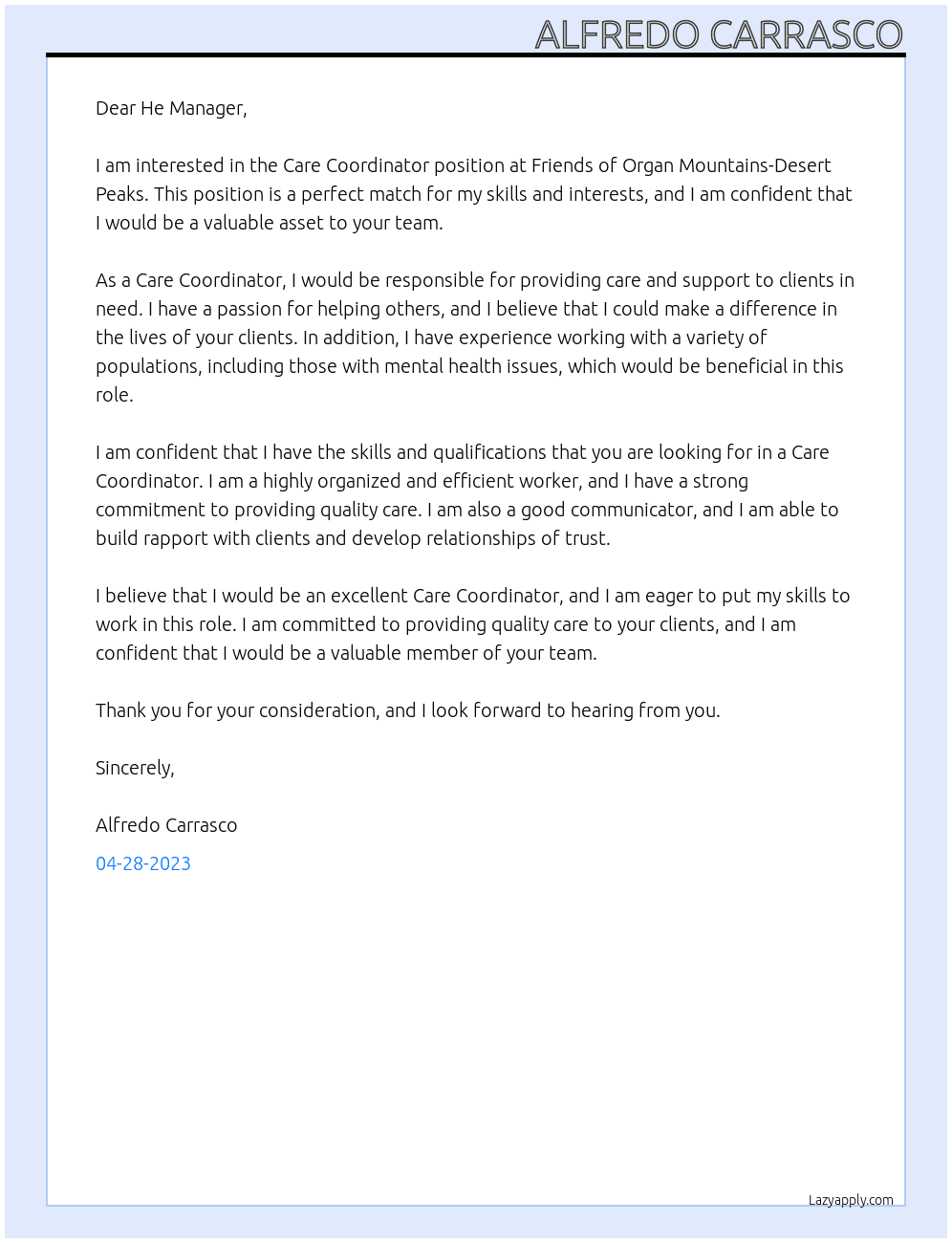 Care Cordinator At Friends of Organ Mountains-Desert Peaks Cover Letter
