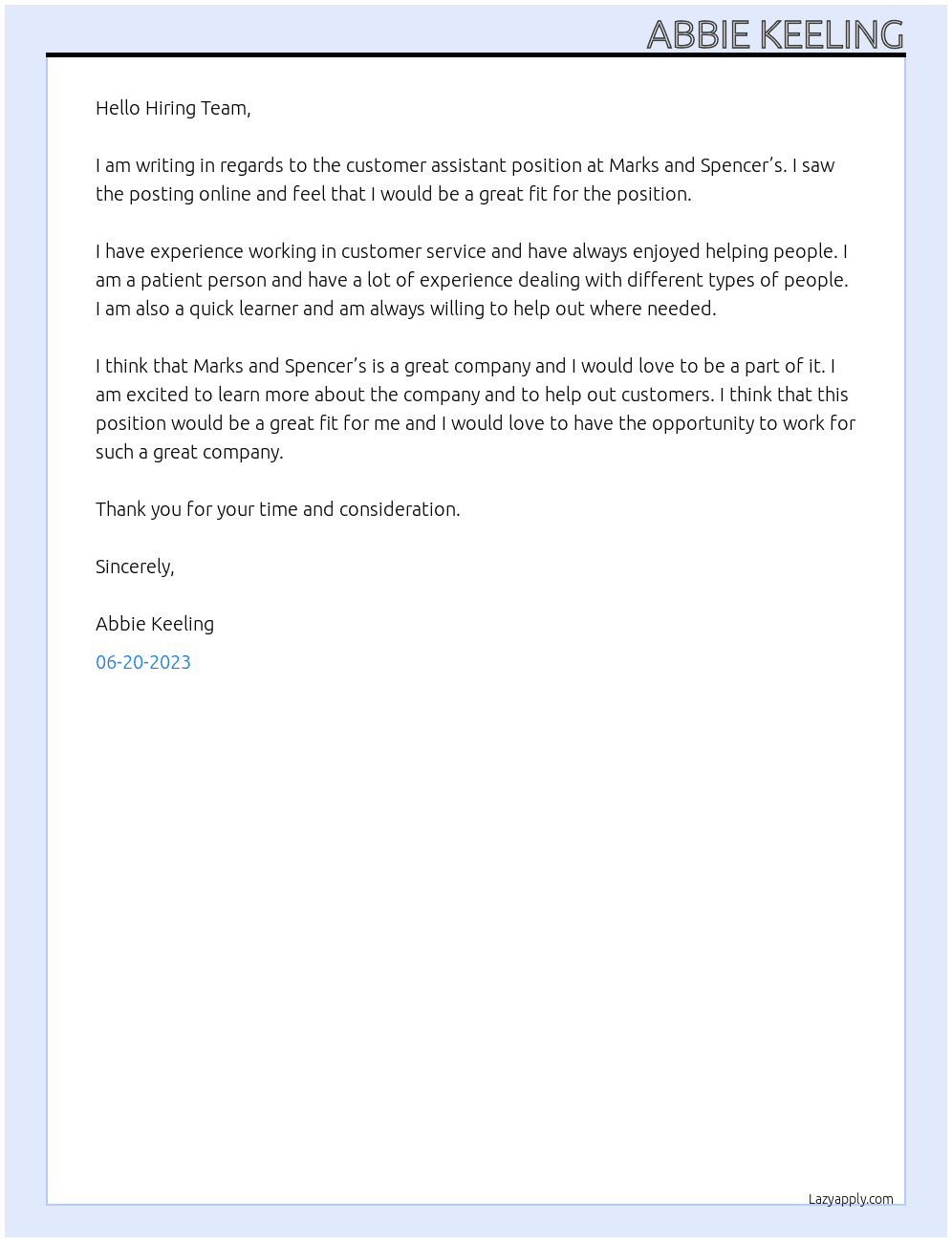 customer assistant  At marks and spencer’s  Cover Letter