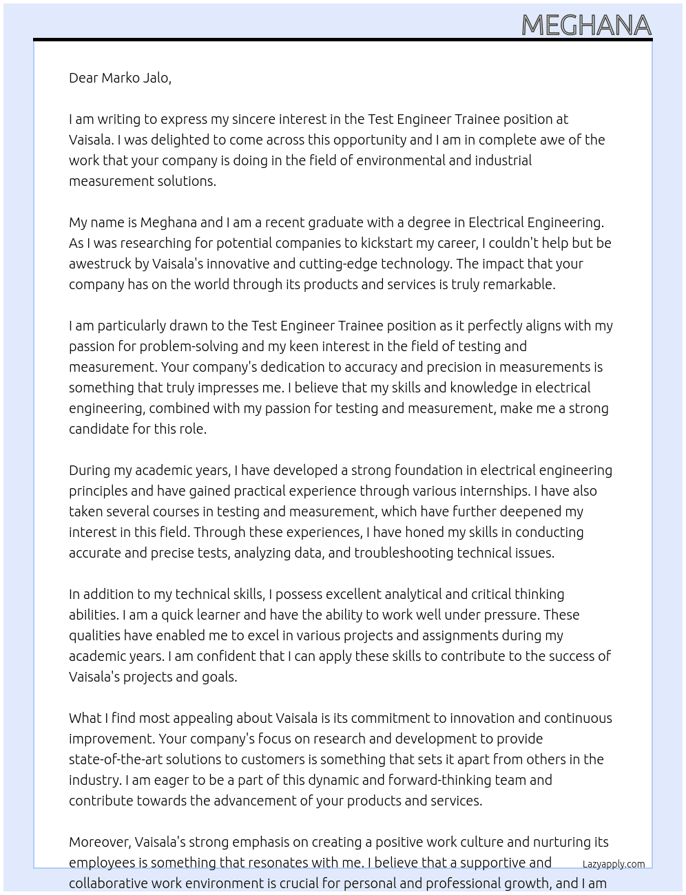 Test engineer trainee At Vaisala Cover Letter