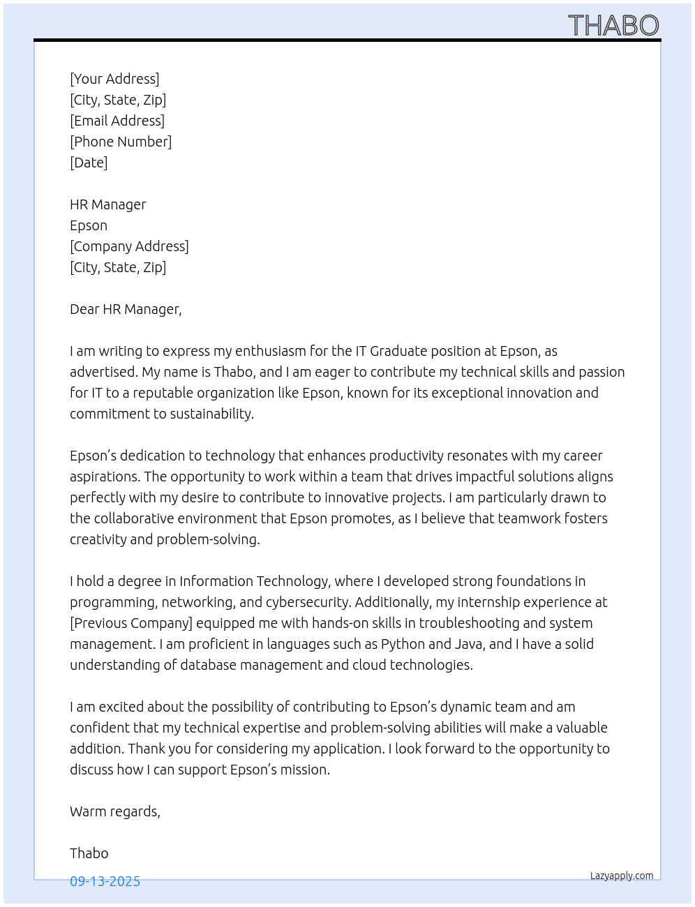 IT GRADUATE  At EPSON  Cover Letter