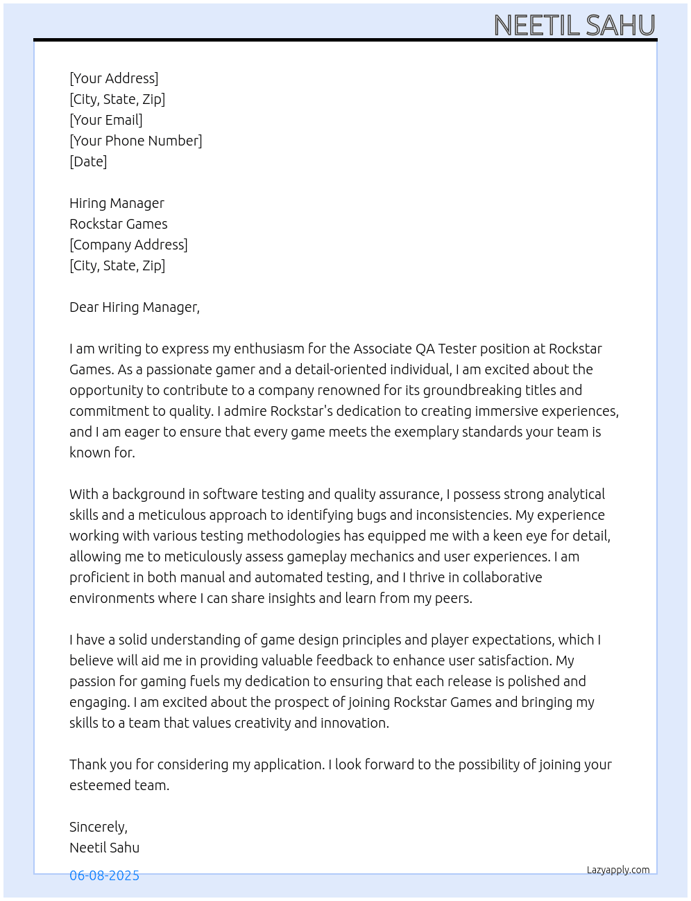 Cover letter for associate qa tester - LazyApply