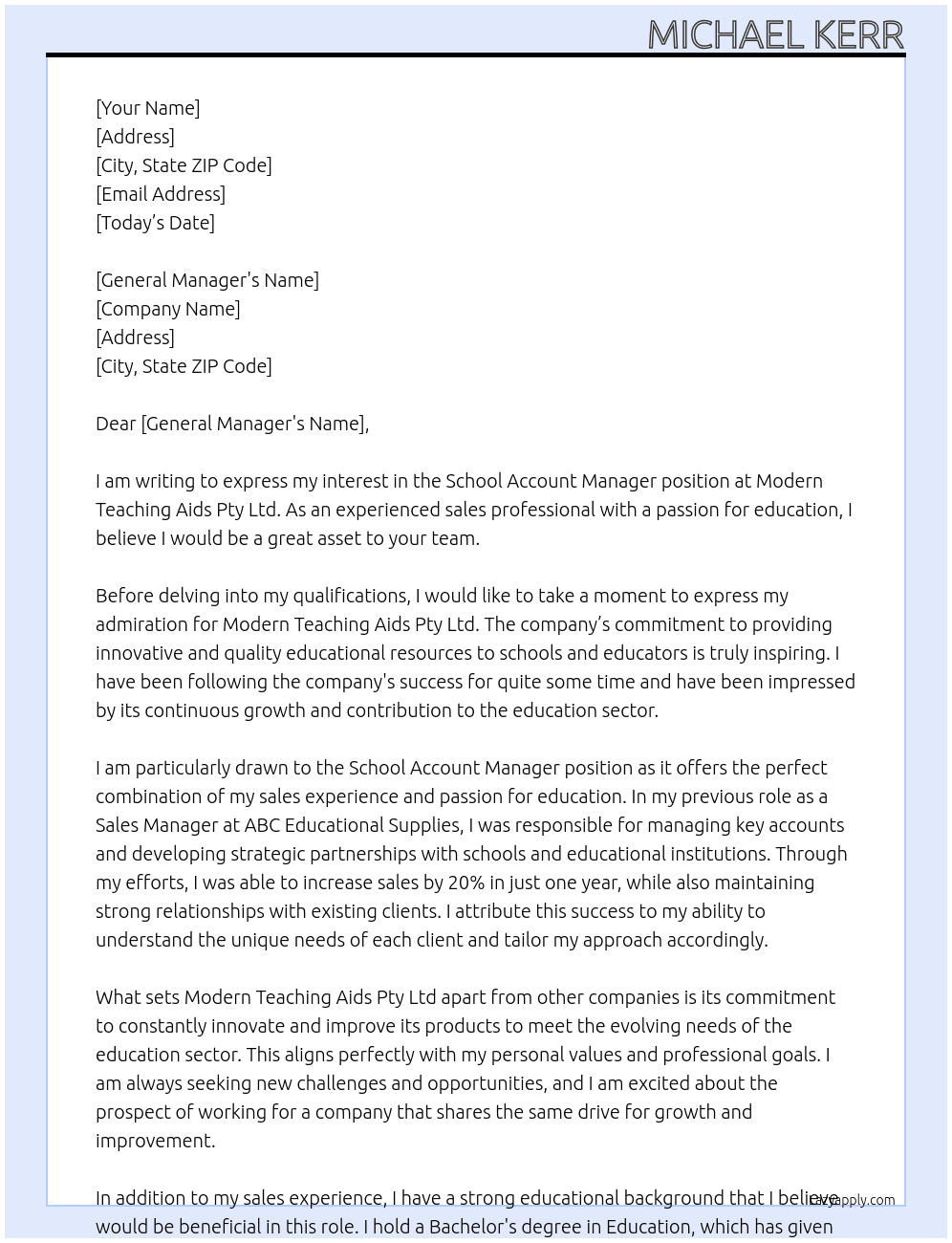 School Account Manager At Modern Teaching Aids Pty Ltd Cover Letter