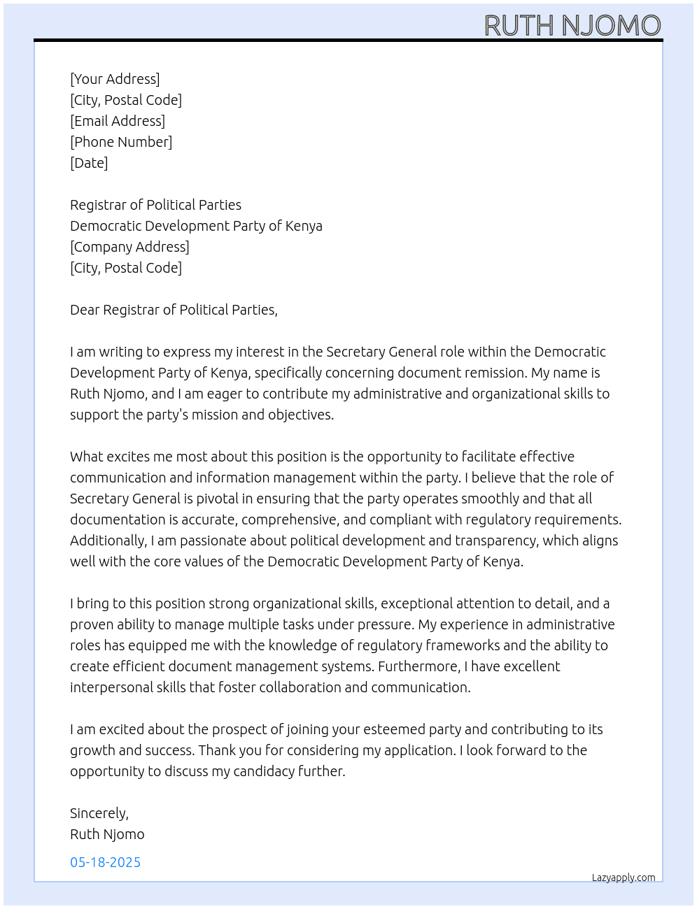 document remission At democratic development party of kenya Cover Letter