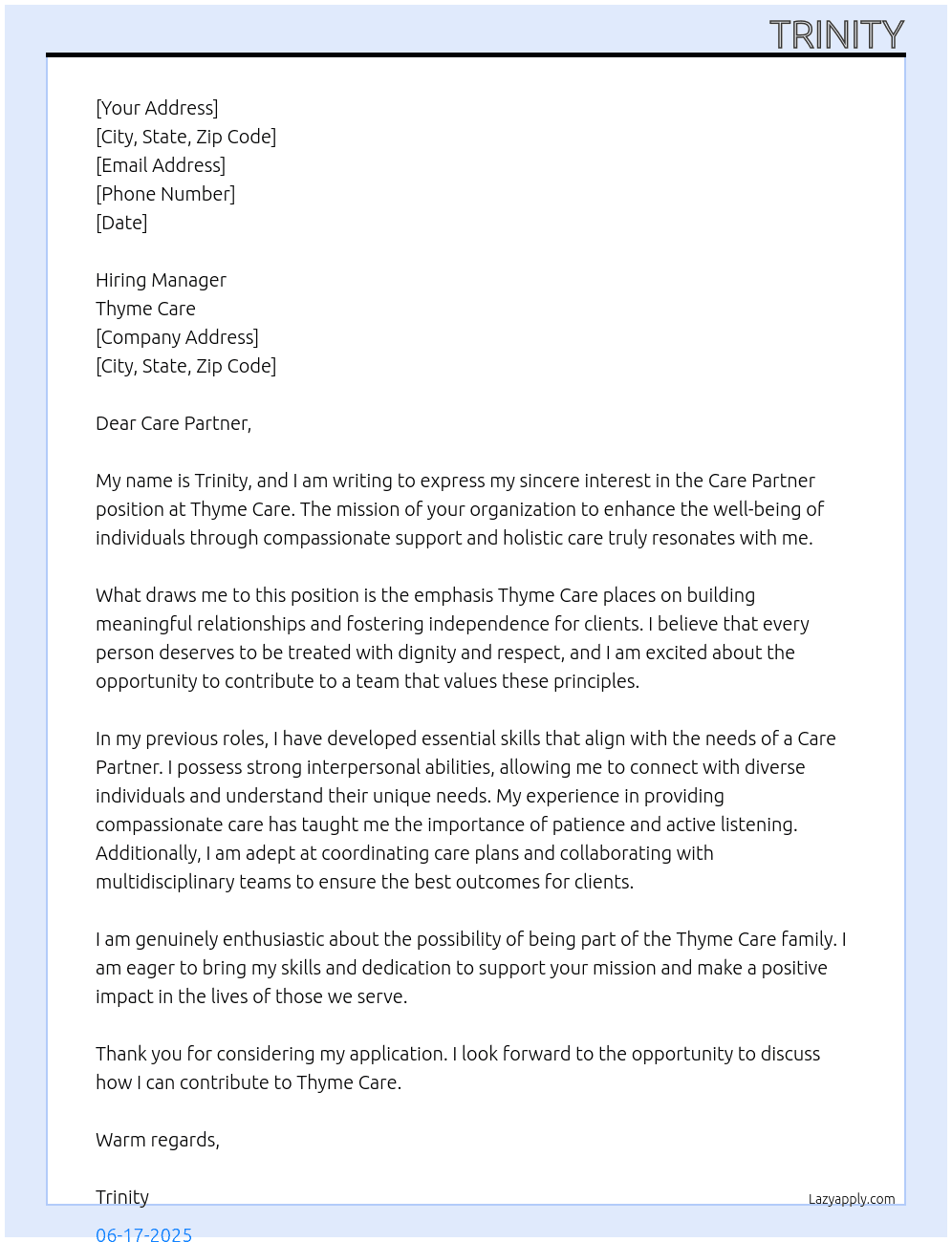 Care Partnee  At Thyme Care Cover Letter