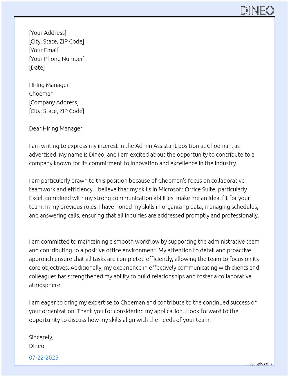 admin assistant At choeman Cover Letter