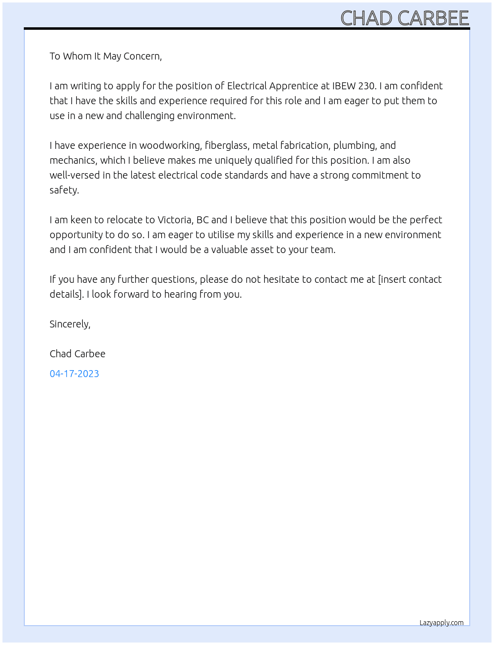 Electrical apprentice At IBEW 230 Cover Letter
