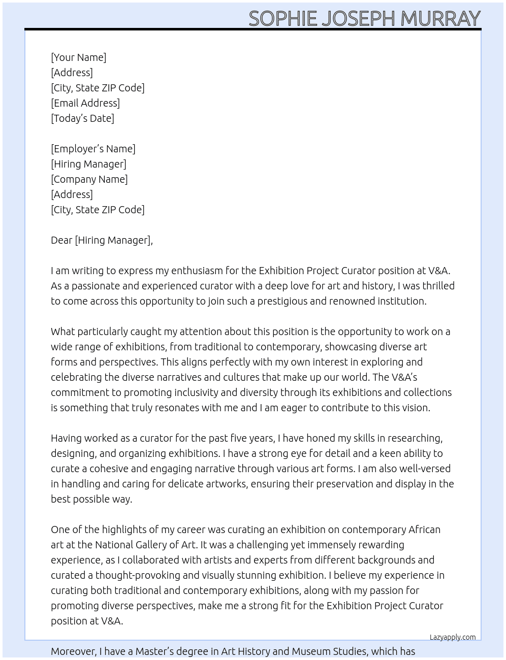Exhibition Project Curator At V&A Cover Letter