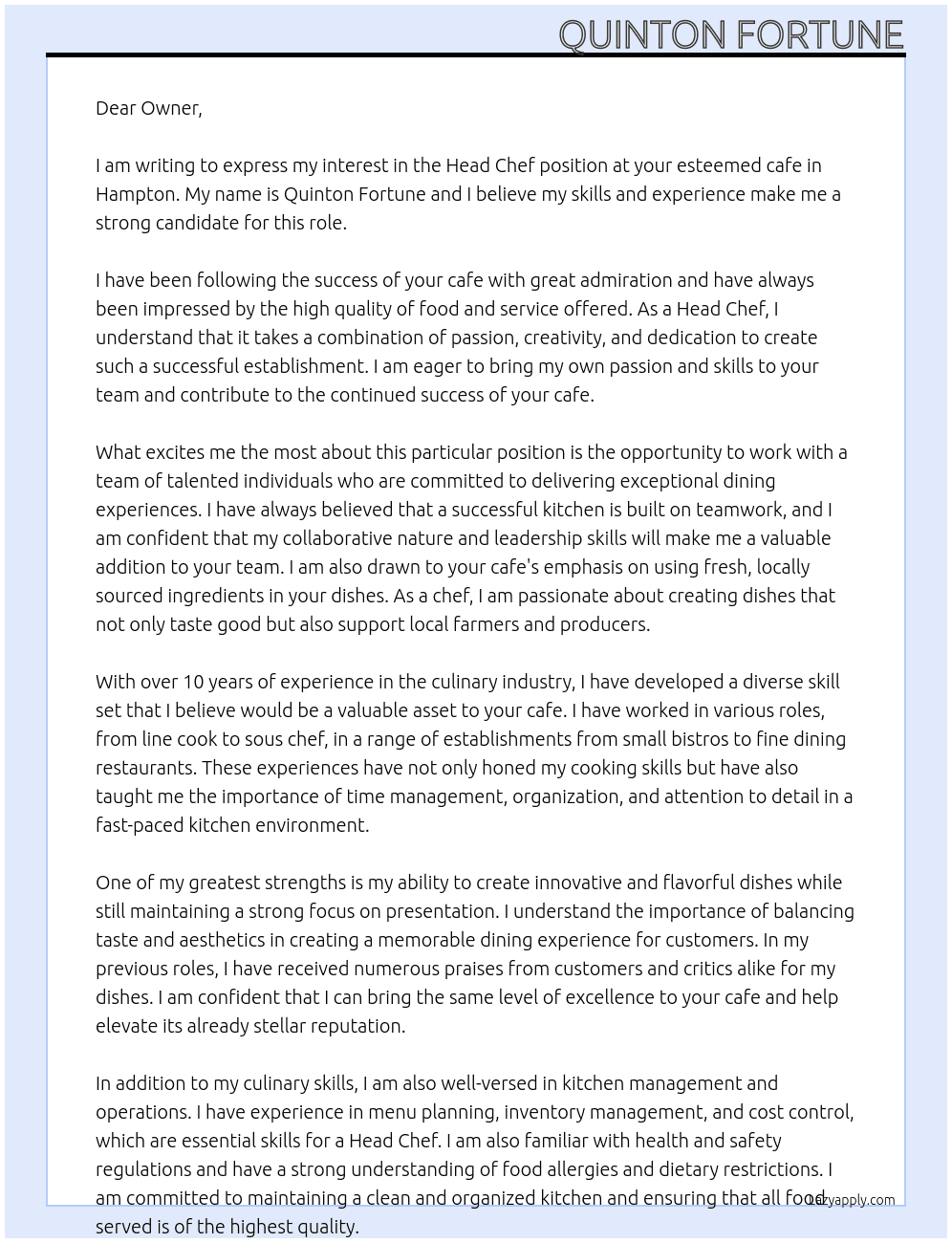 Head Chef At Cafe Cover Letter