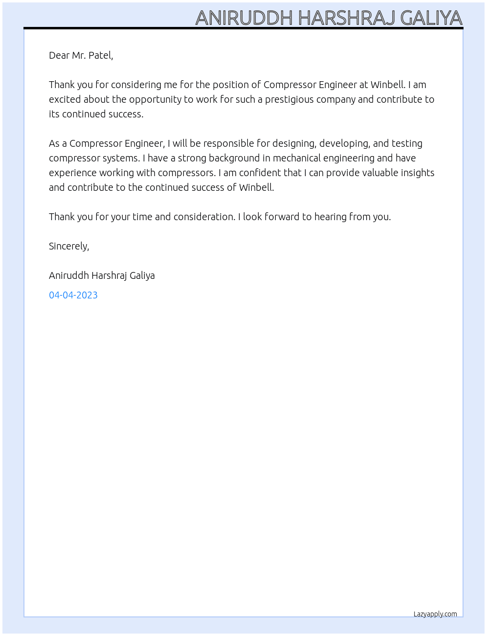 Compressor Engineer At Winbell Cover Letter