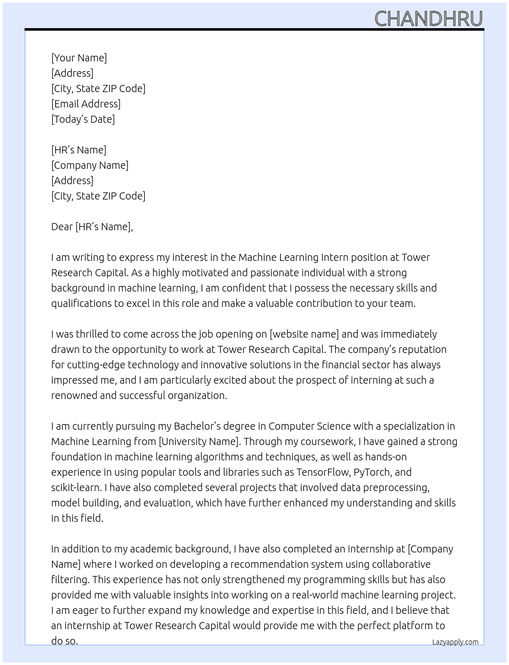Machine Learning Intern At Tower Research Capital  Cover Letter