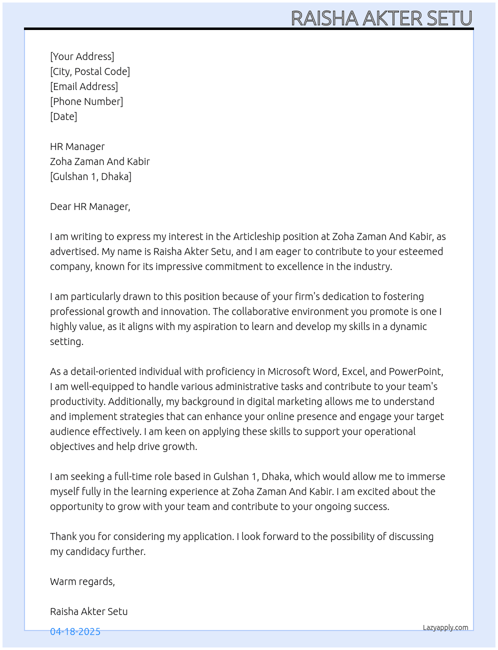 Articleship  At Zoha Zaman And Kabir Cover Letter