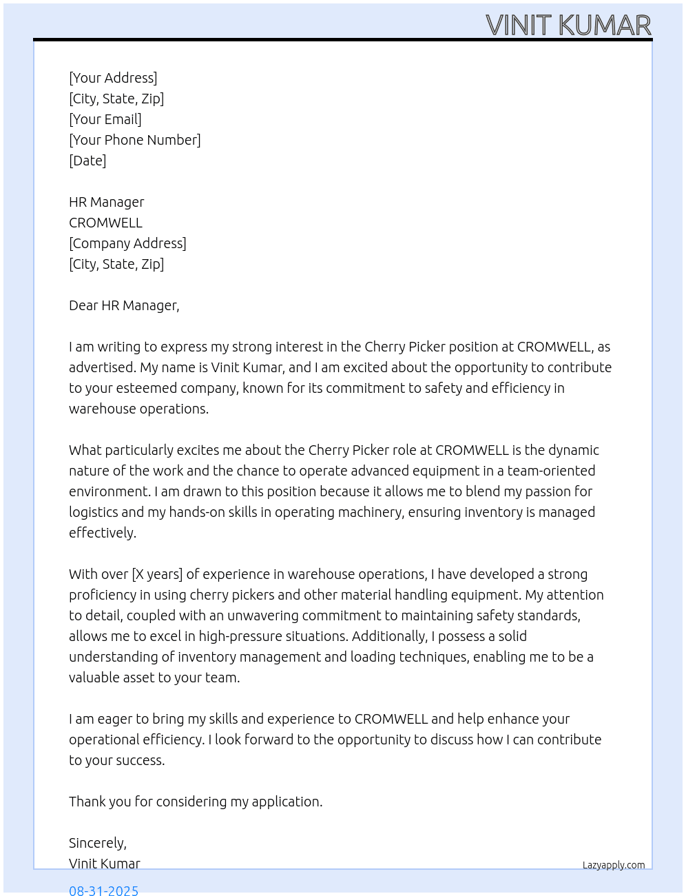Cherry Picker  At  CROMWELL Cover Letter