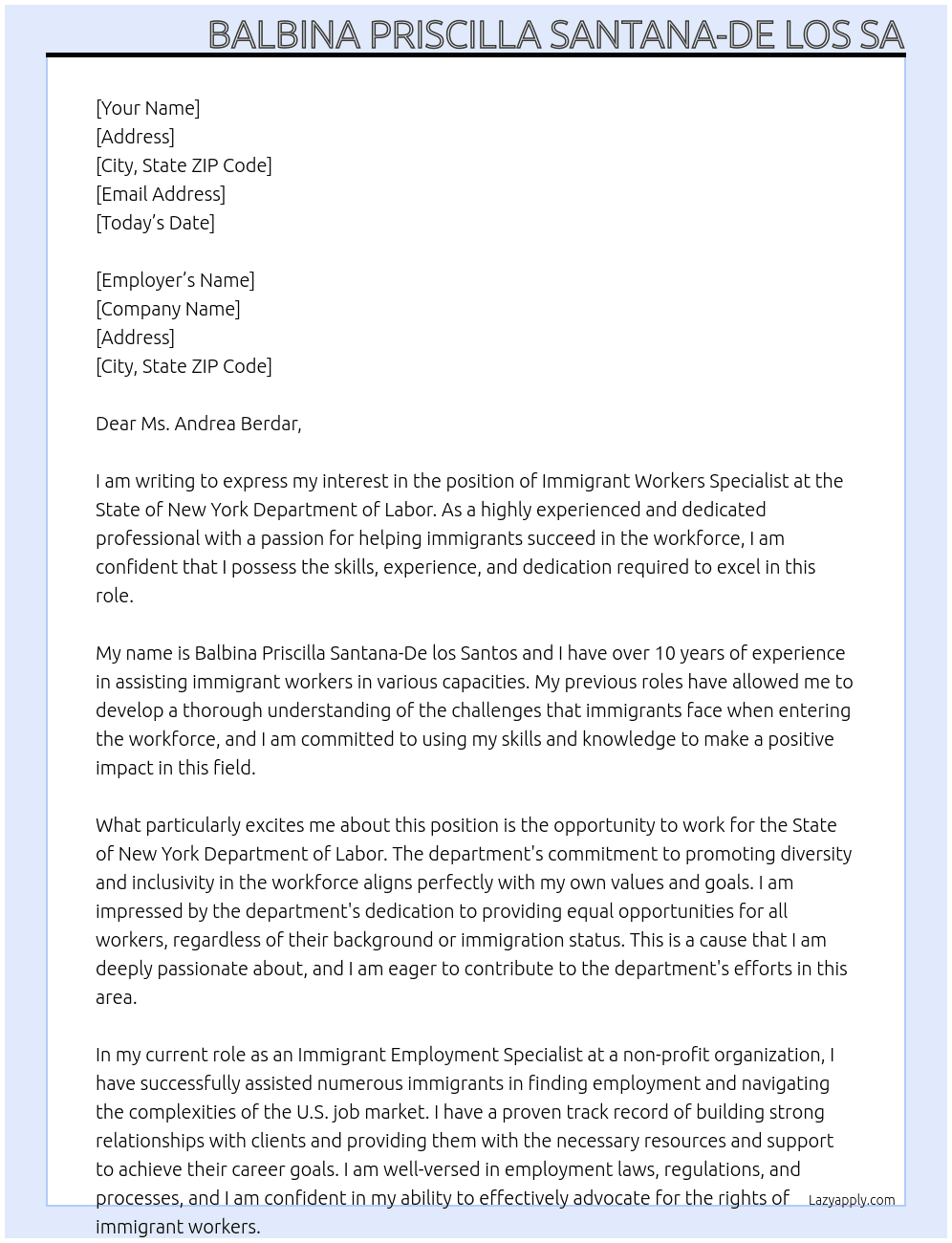 Immigrant Workers Specialist  At State of New York Department of Labor Cover Letter