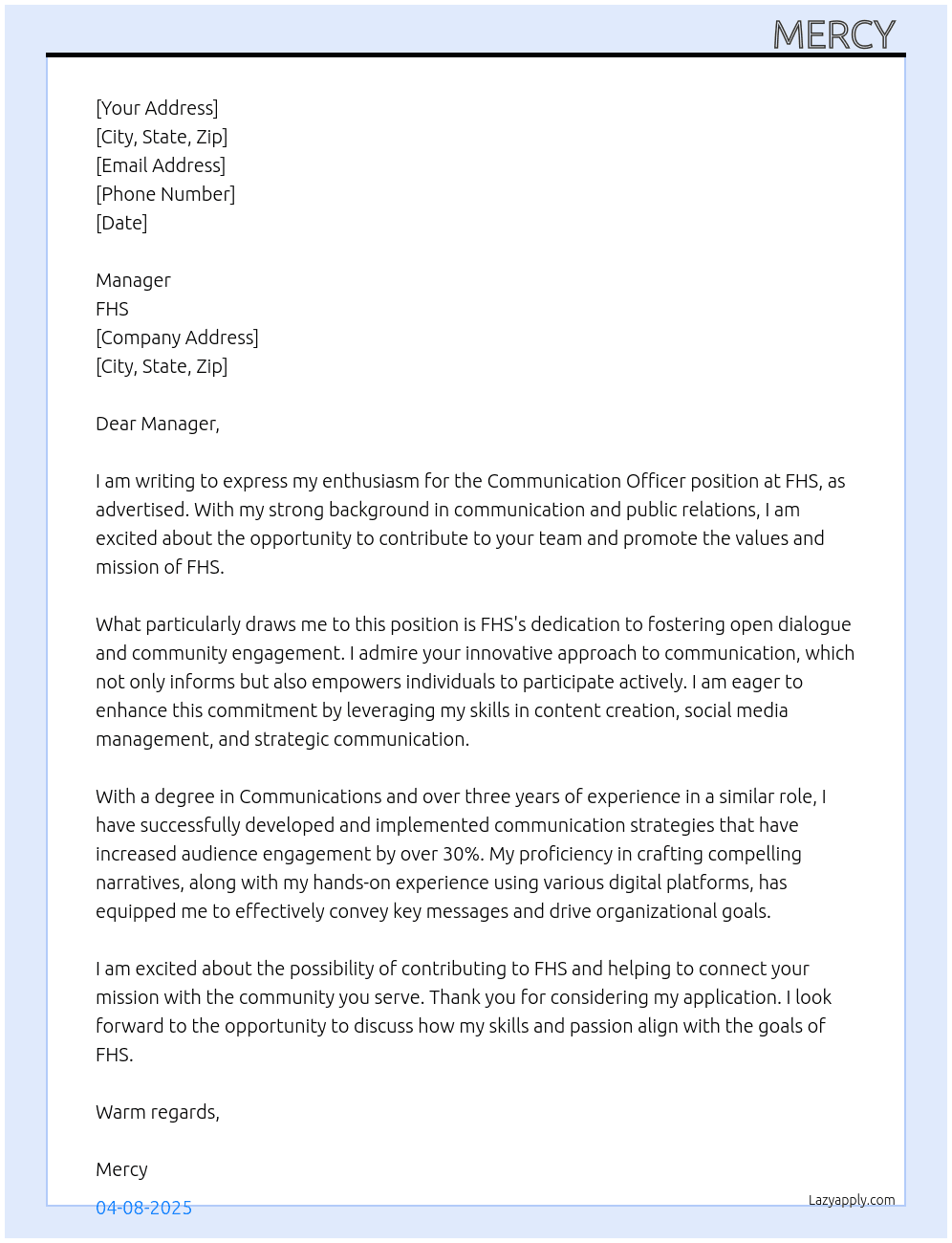 Communication officer At Fhs Cover Letter