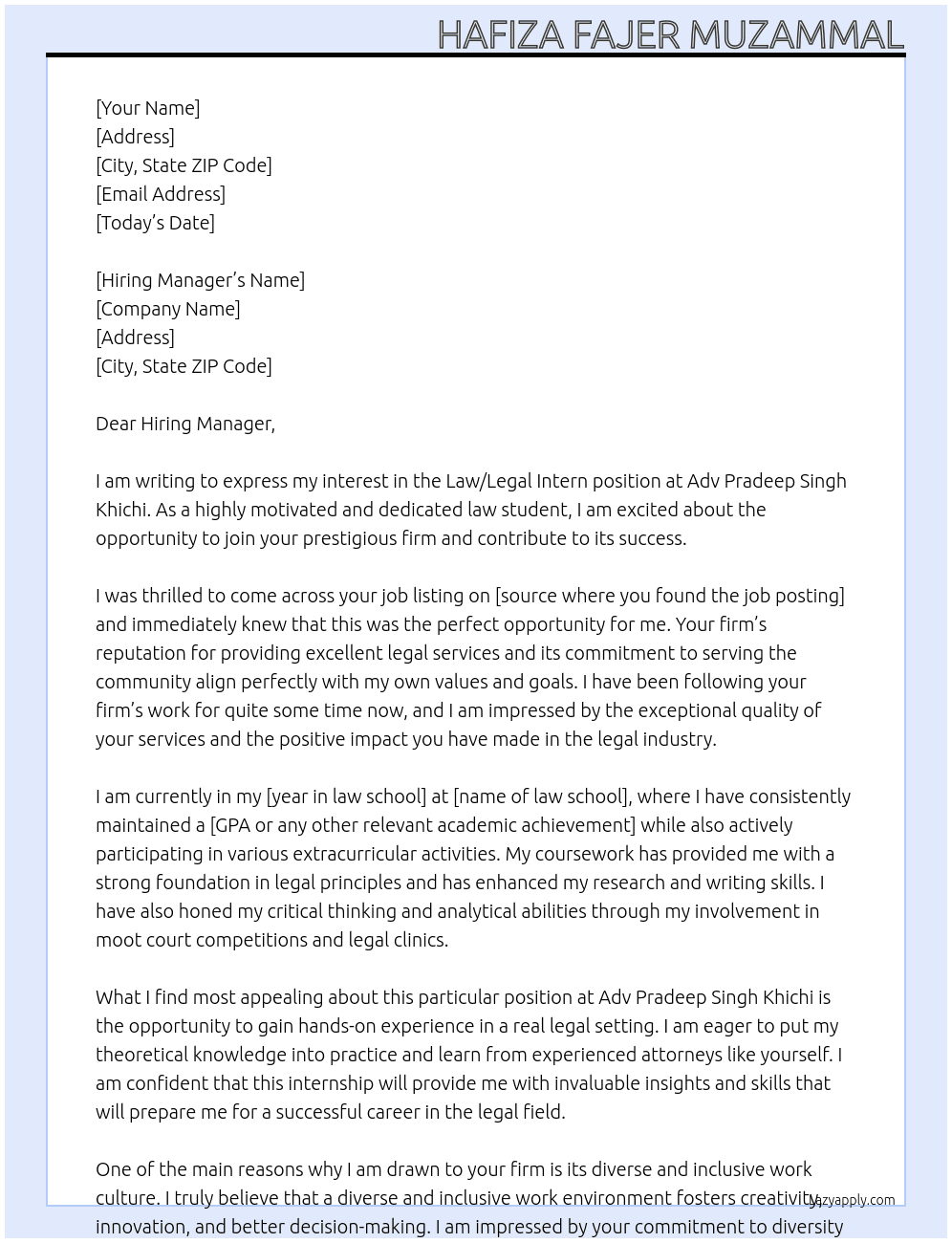 Law/Legal Intern At Adv Pradeep Singh Khichi Cover Letter