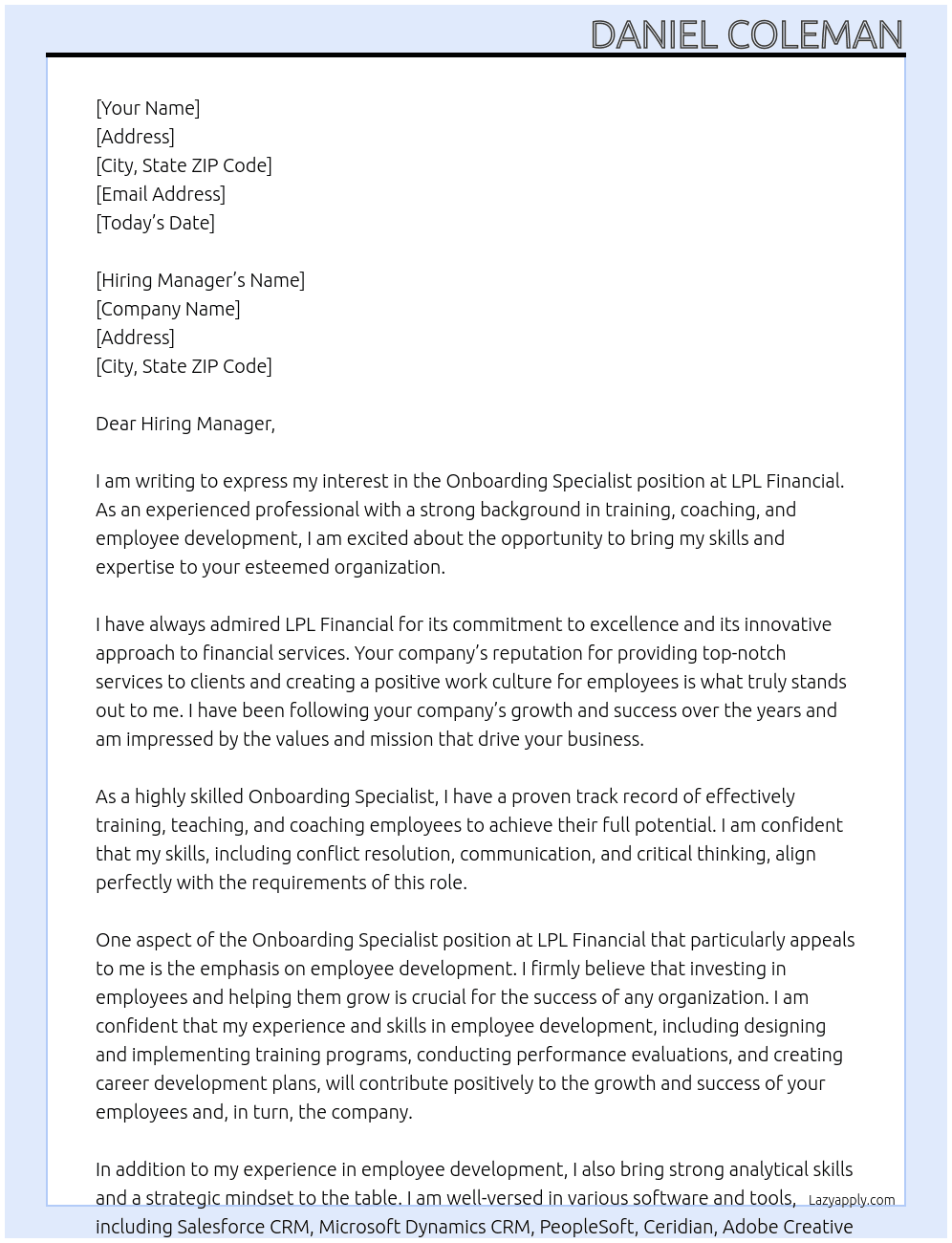 Onboarding Specialist At LPL Financial Cover Letter
