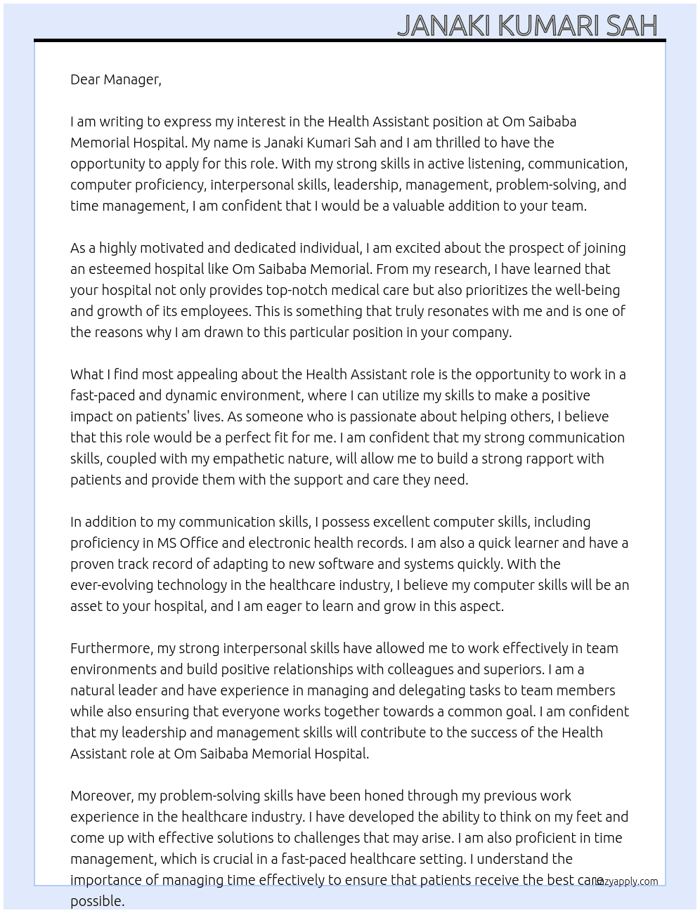 Health Assistant  At om saibaba memorial hospital Cover Letter