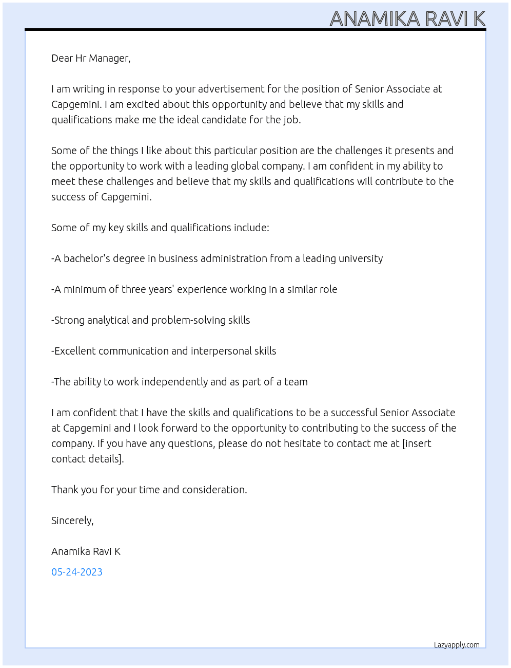 Senior Associate At Capgemini Cover Letter