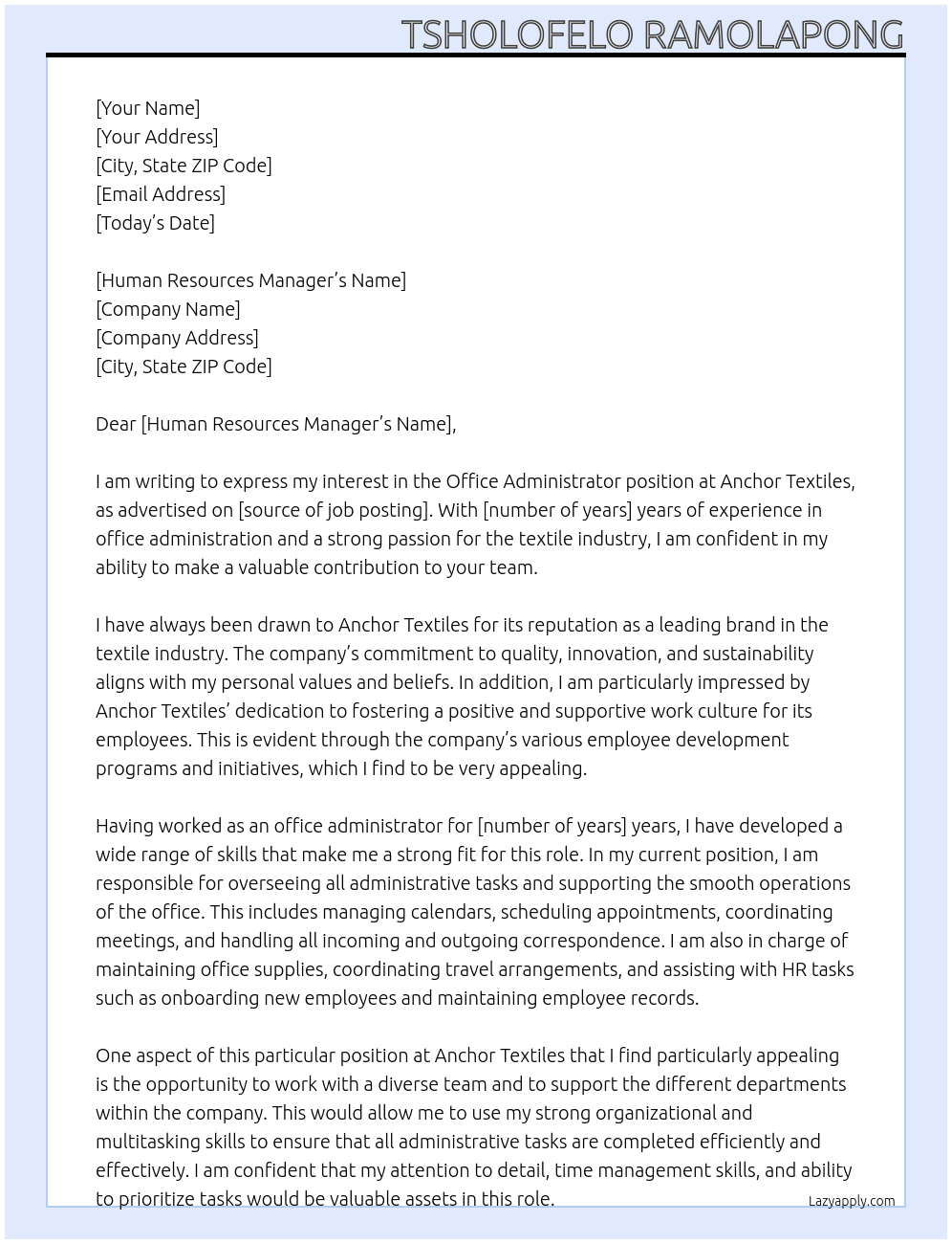 Office Administrator  At Anchor Textiles Cover Letter
