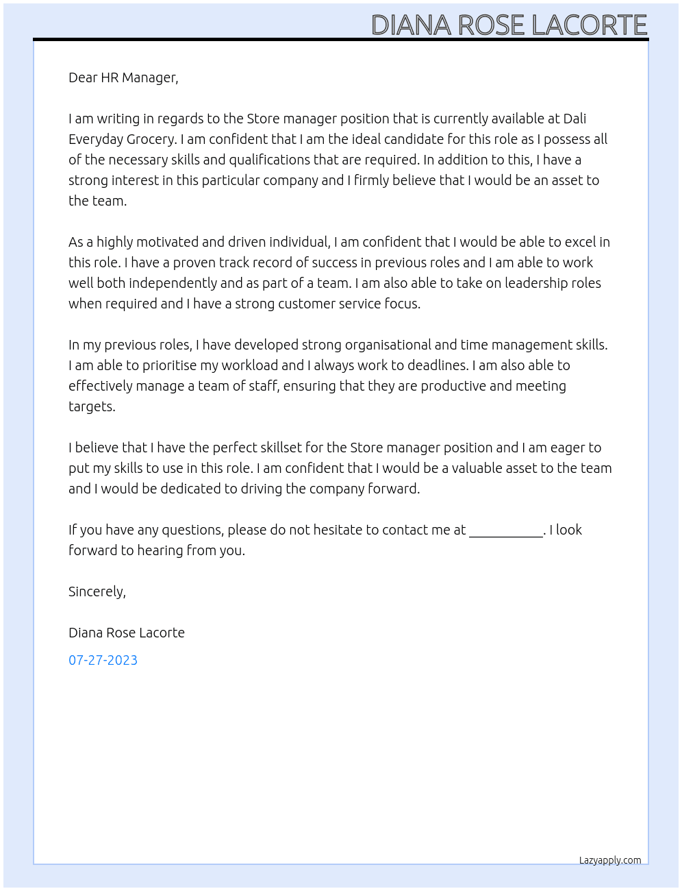 Store manager At Dali Everyday Grocery Cover Letter
