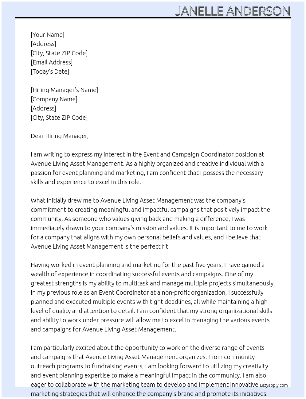 Event and Campaign Coordinator  At Avenue Living Asset Management Cover Letter