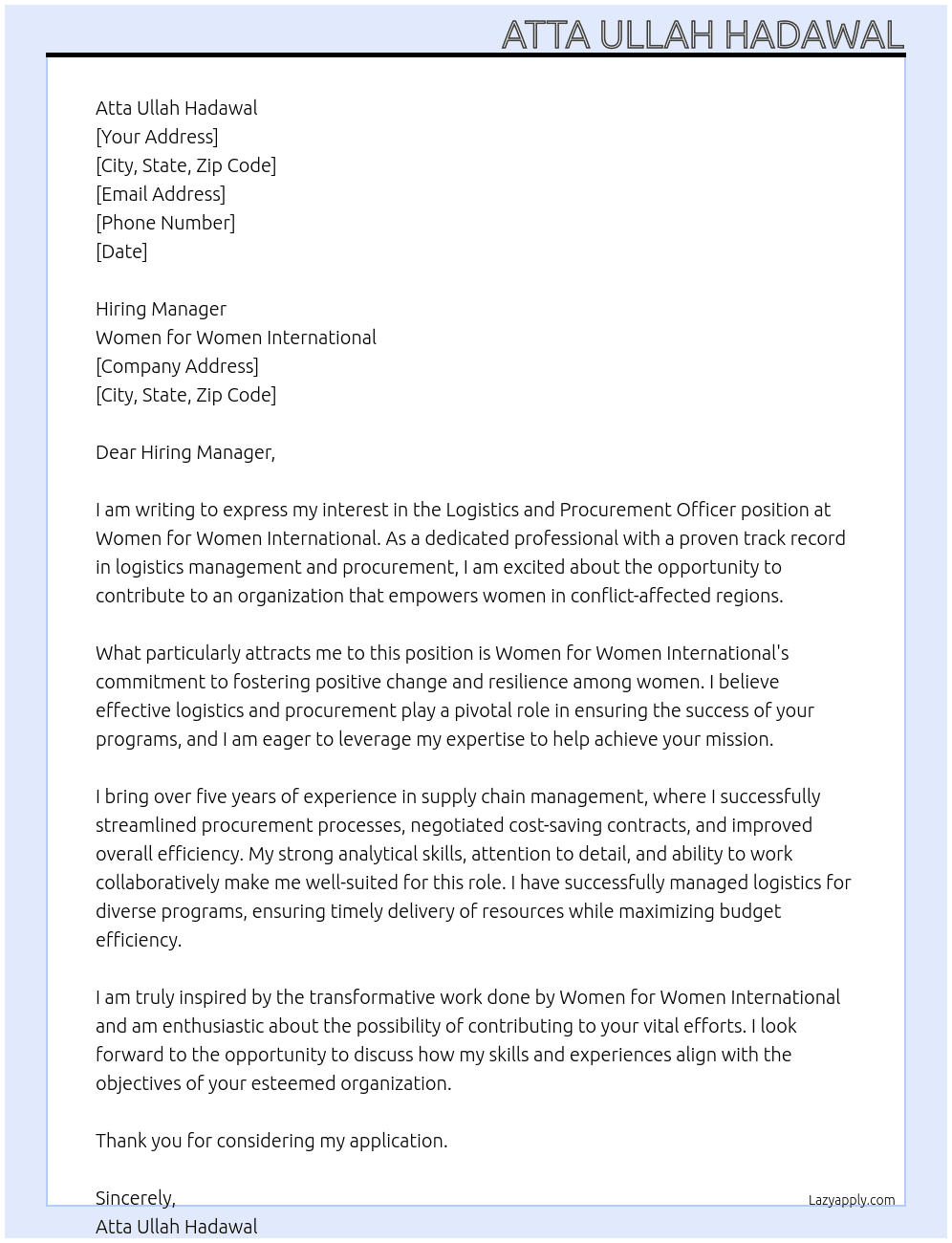 Logistics and Procurement Officer At Women for Women International Cover Letter